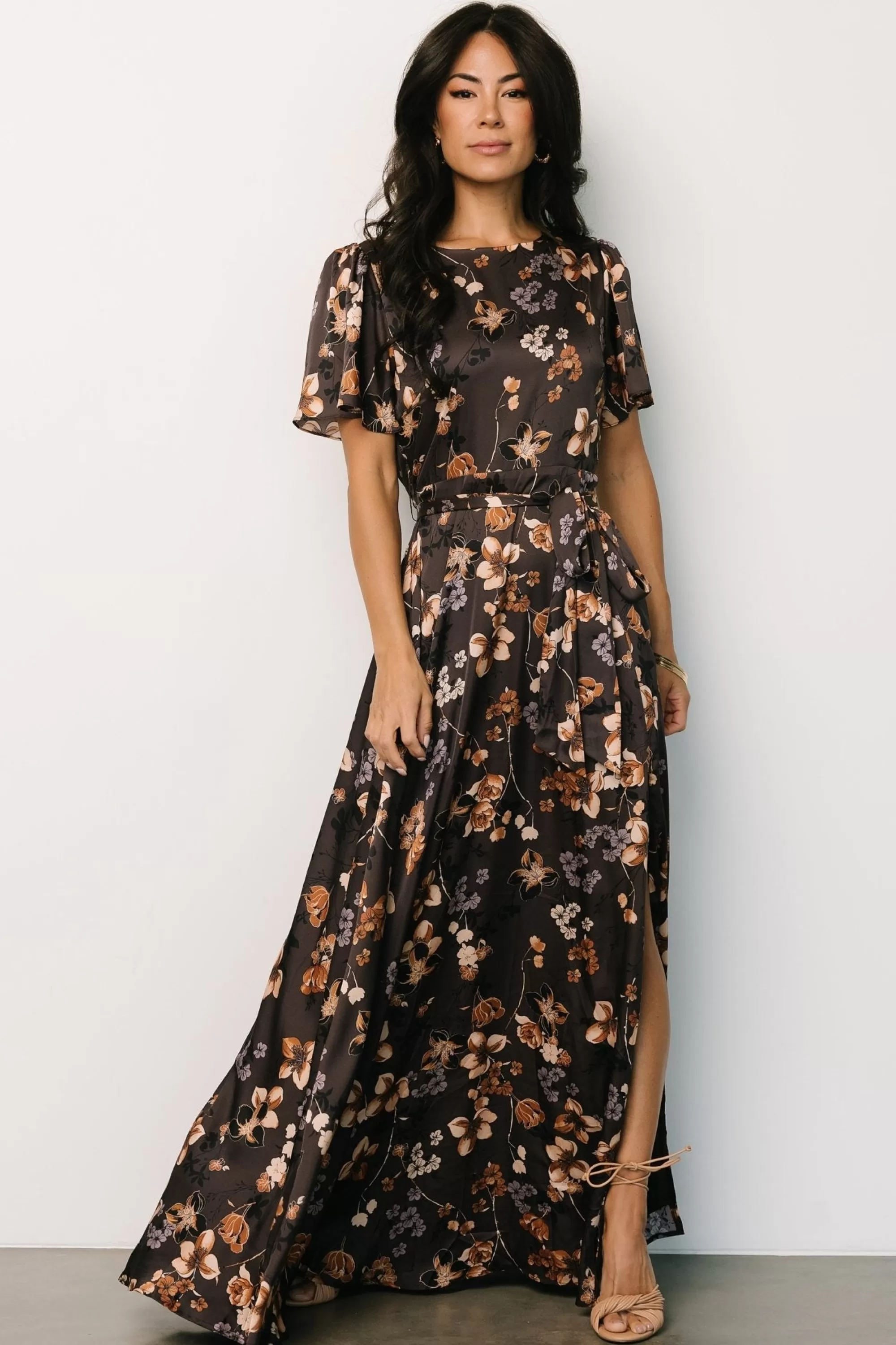 Baltic Born WEDDING SUITE | wedding guest | Agnes Satin Maxi Dress | Brown Floral