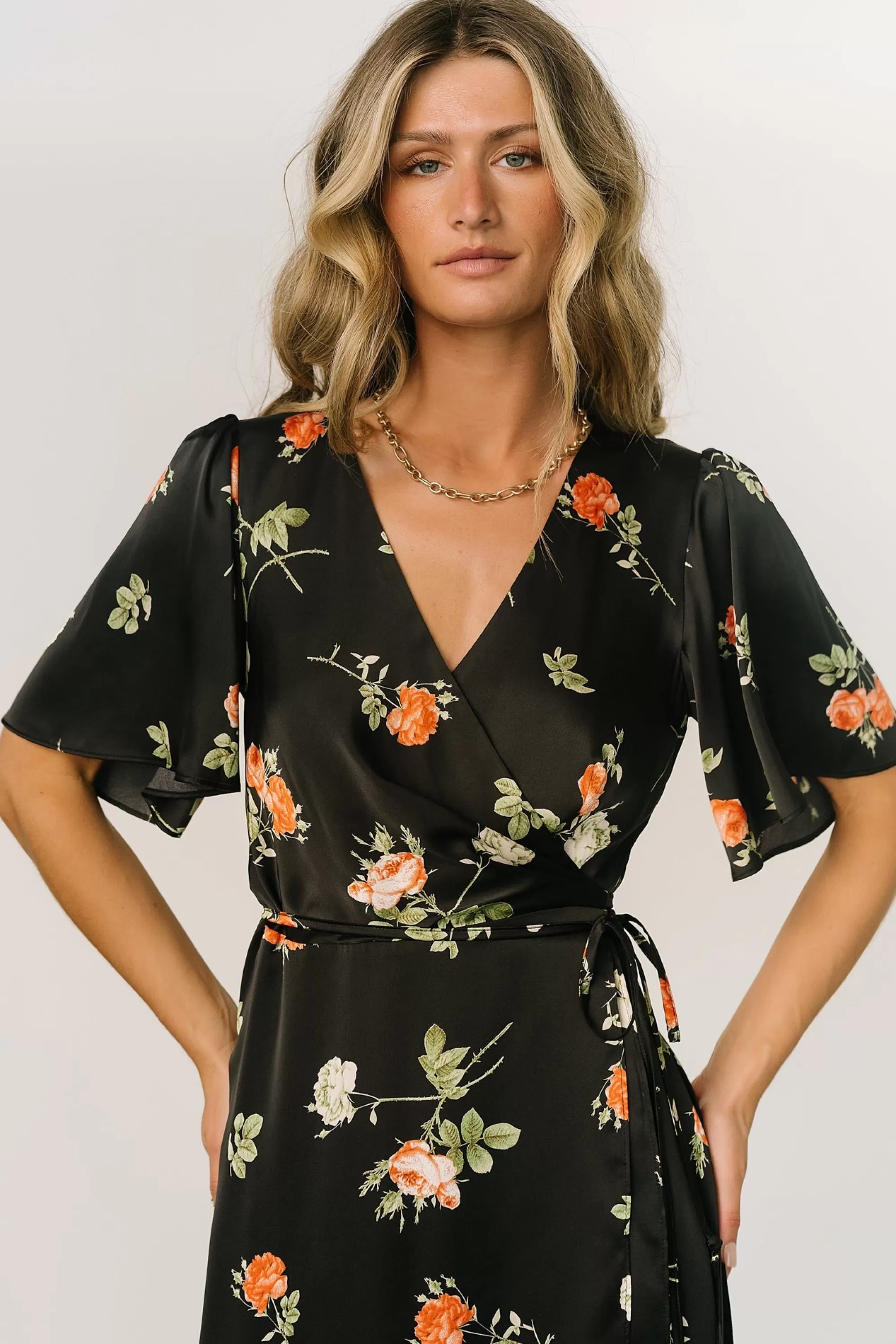 Baltic Born SALE | Amara Wrap Dress | Black + Coral Floral