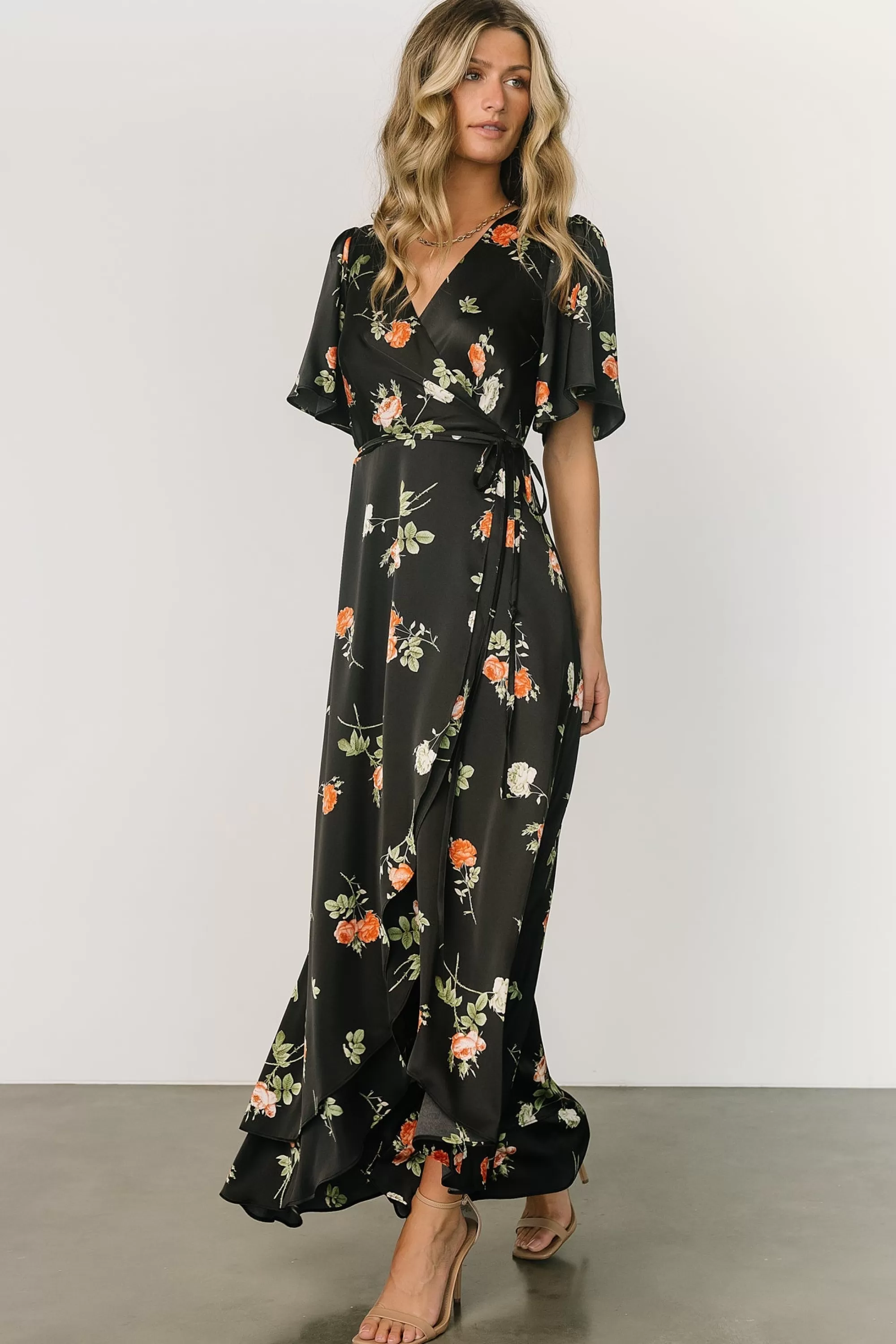 Baltic Born SALE | Amara Wrap Dress | Black + Coral Floral