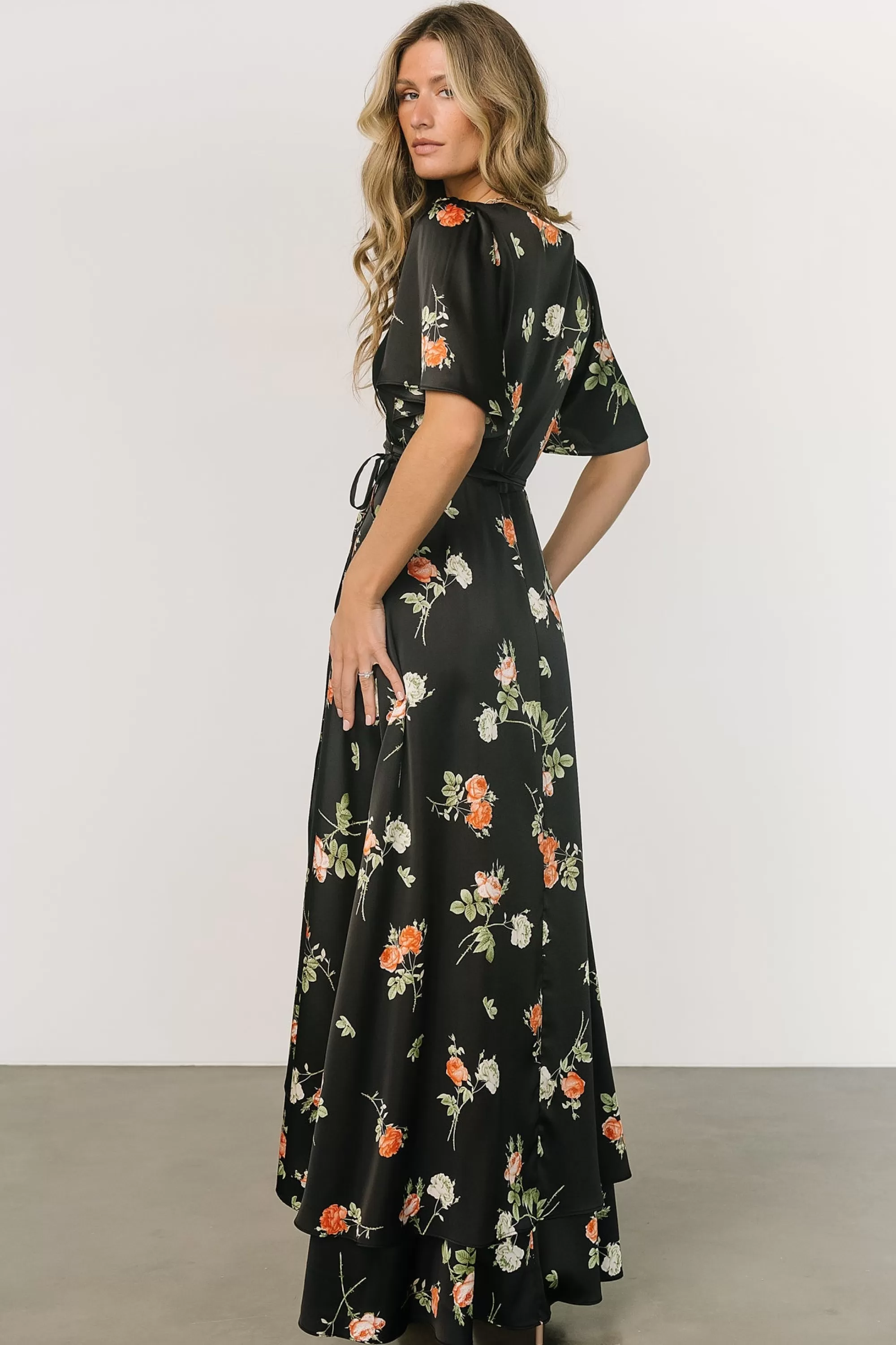 Baltic Born SALE | Amara Wrap Dress | Black + Coral Floral