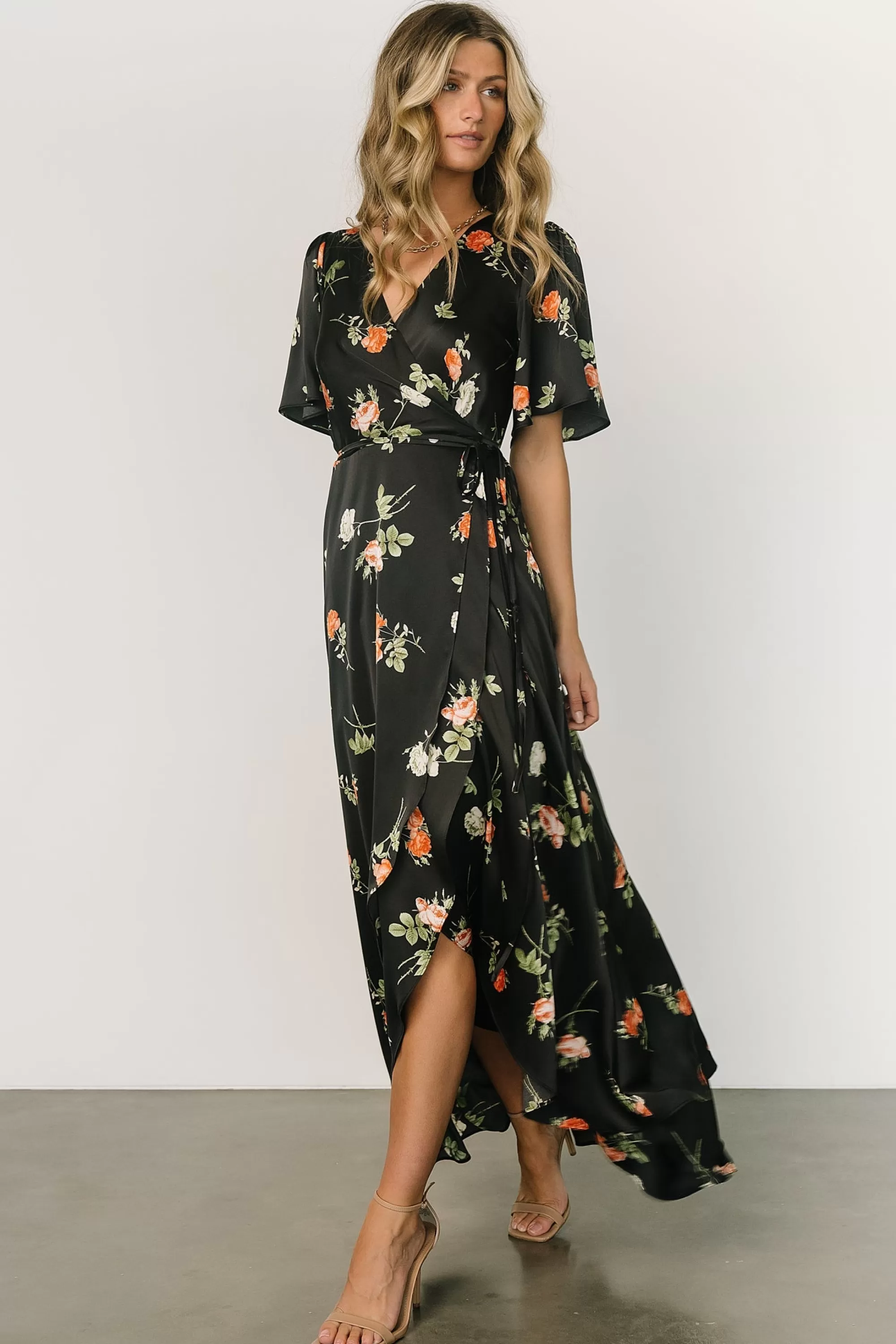 Baltic Born SALE | Amara Wrap Dress | Black + Coral Floral