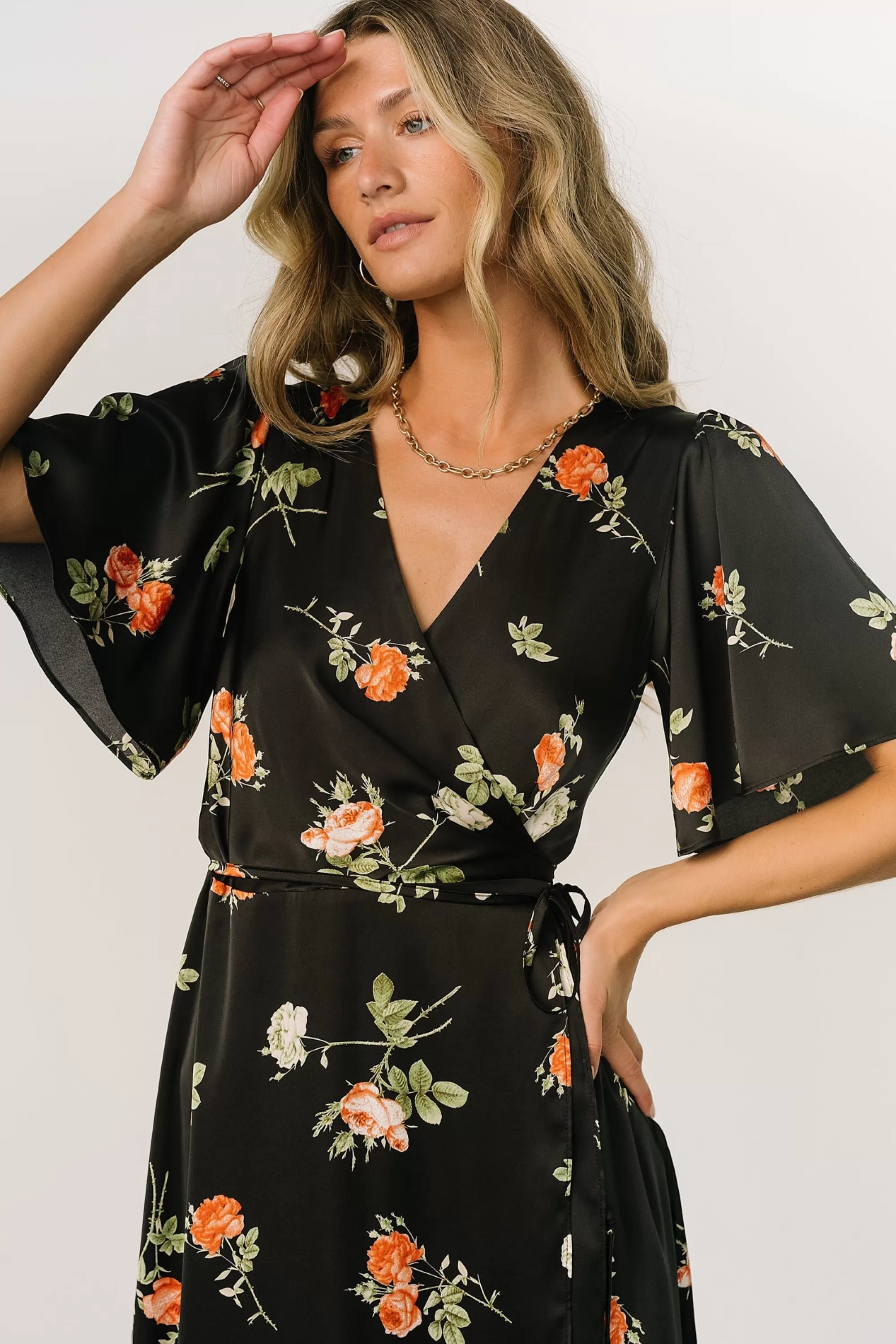 Baltic Born SALE | Amara Wrap Dress | Black + Coral Floral
