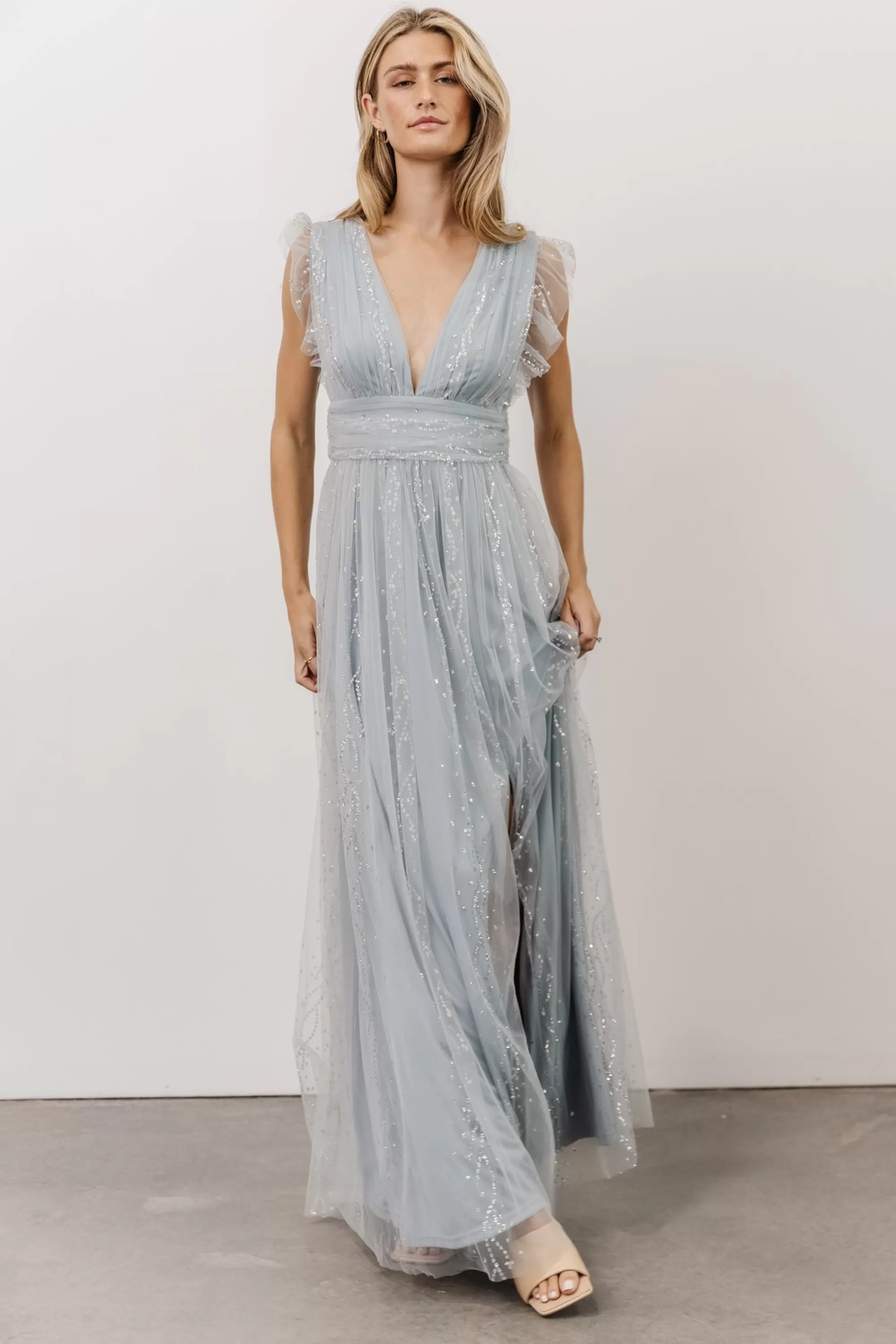 Baltic Born tulle styles | Annika Sequin Mesh Maxi Dress | Dusty Blue