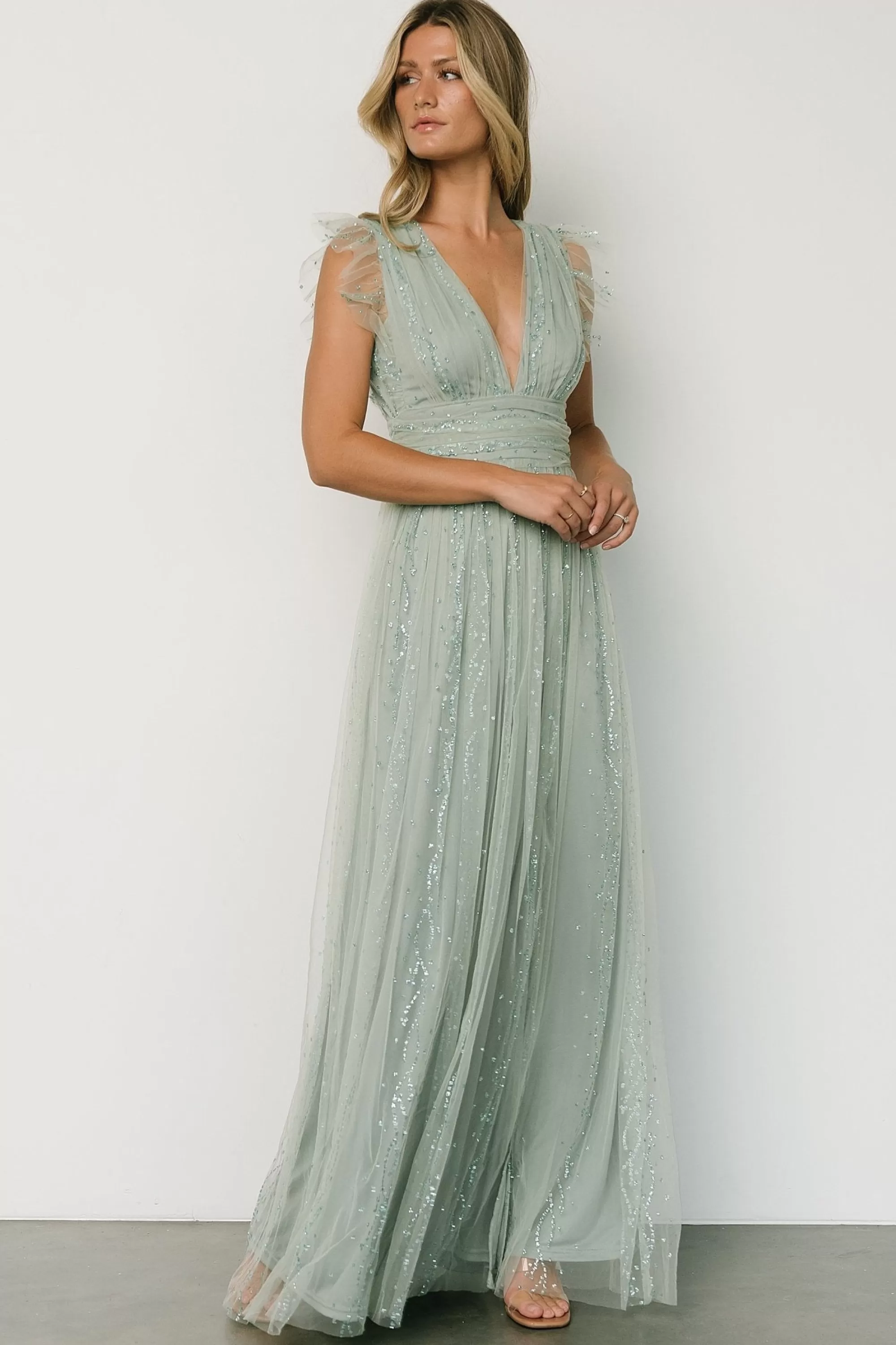 Baltic Born tulle styles | Annika Sequin Mesh Maxi Dress | Dusty Sage