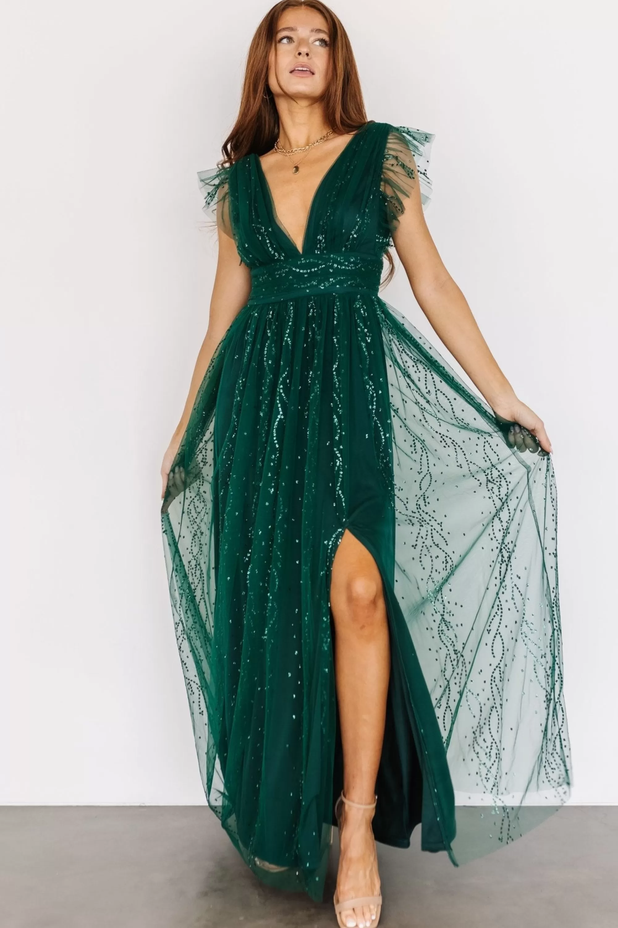 Baltic Born tulle styles | Annika Sequin Mesh Maxi Dress | Green