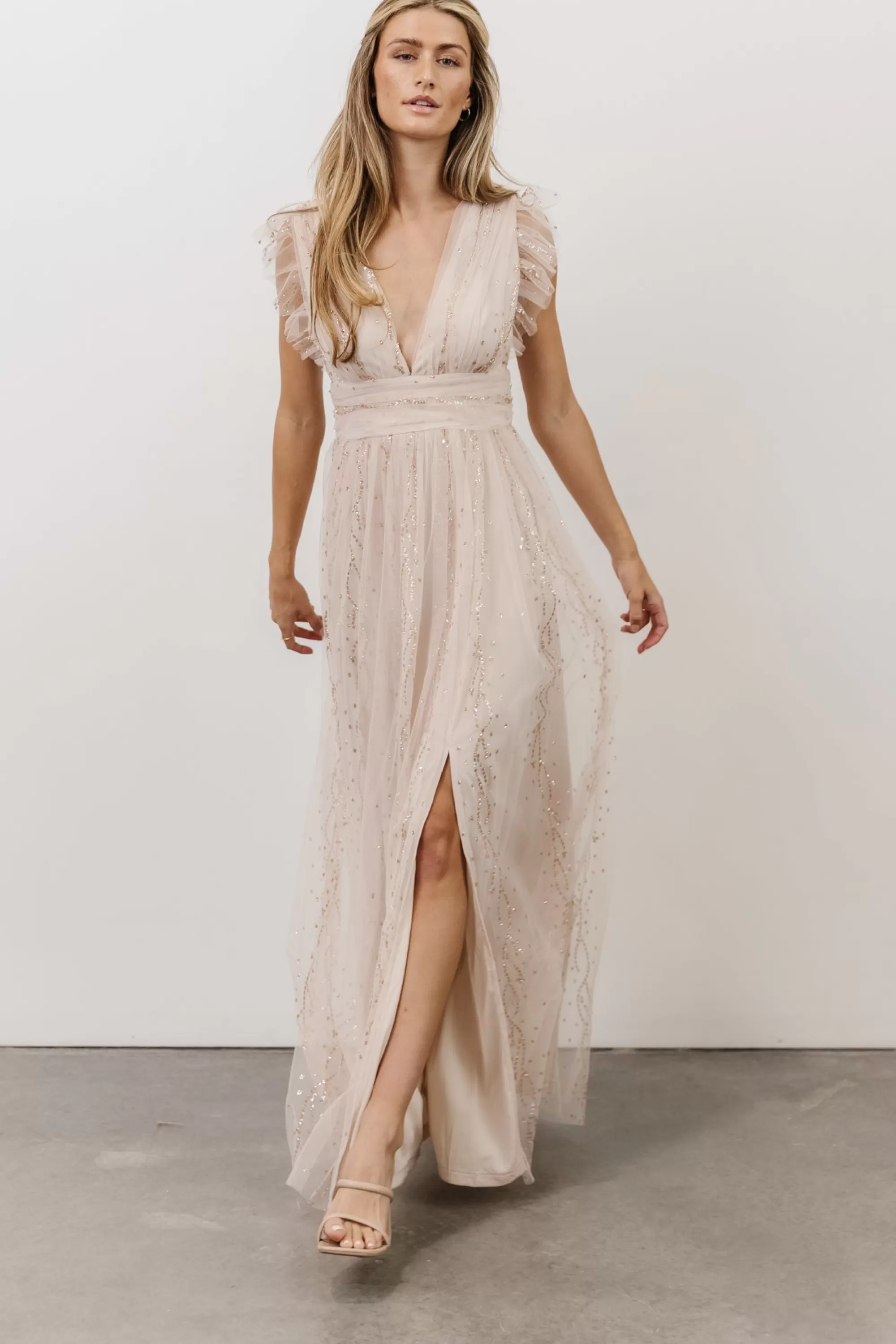 Baltic Born tulle styles | Annika Sequin Mesh Maxi Dress | Nude Blush