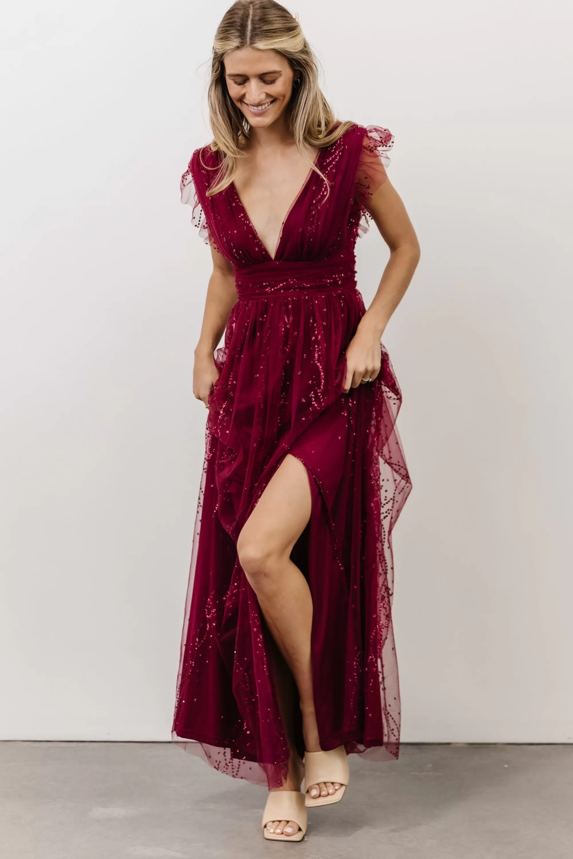 Baltic Born tulle styles | Annika Sequin Mesh Maxi Dress | Wine