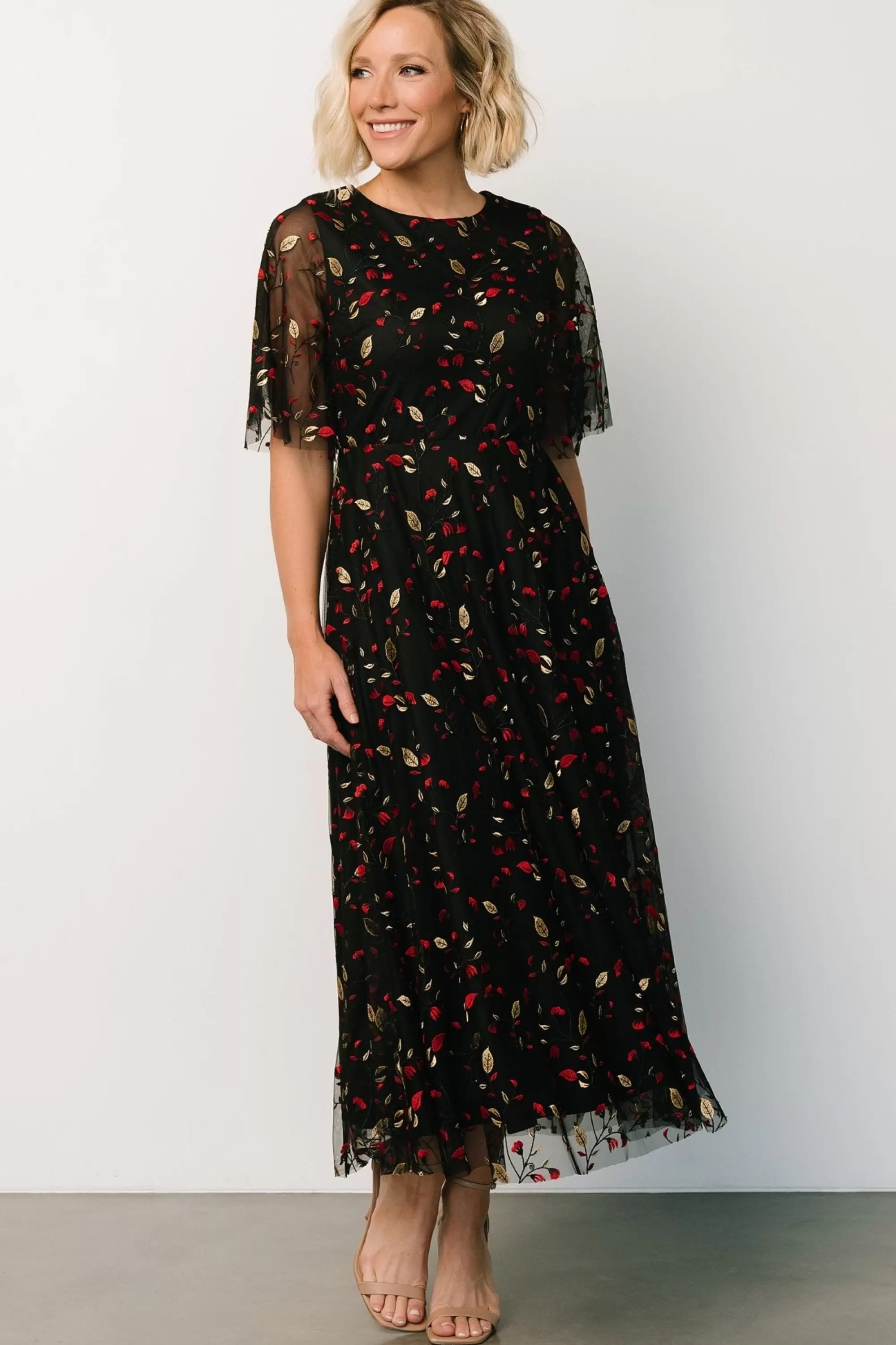 Baltic Born WEDDING SUITE | wedding guest | Arabella Embroidered Tulle Maxi Dress | Black + Red