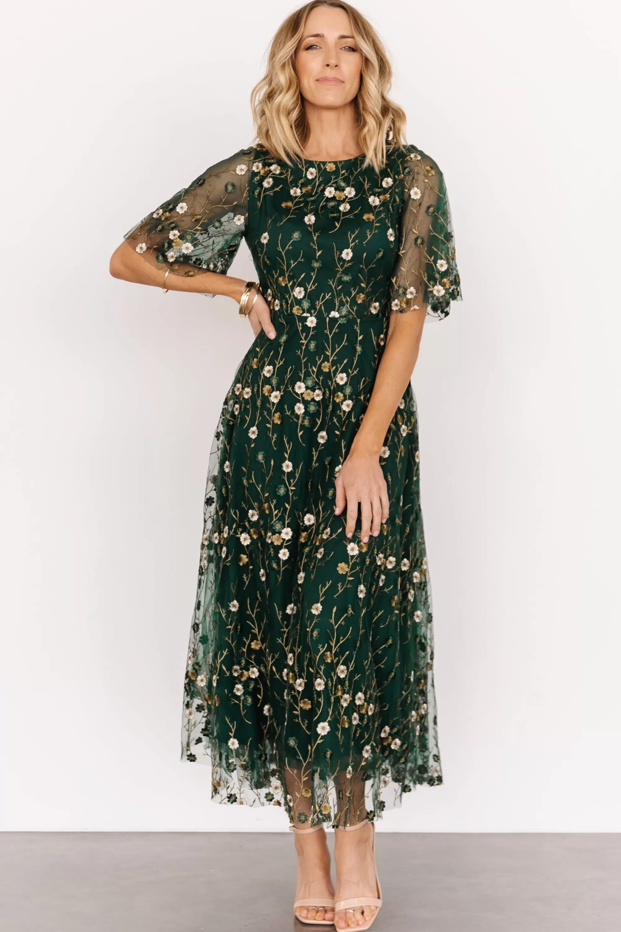 Baltic Born WEDDING SUITE | wedding guest | Arabella Embroidered Tulle Maxi Dress | Dark Green Floral