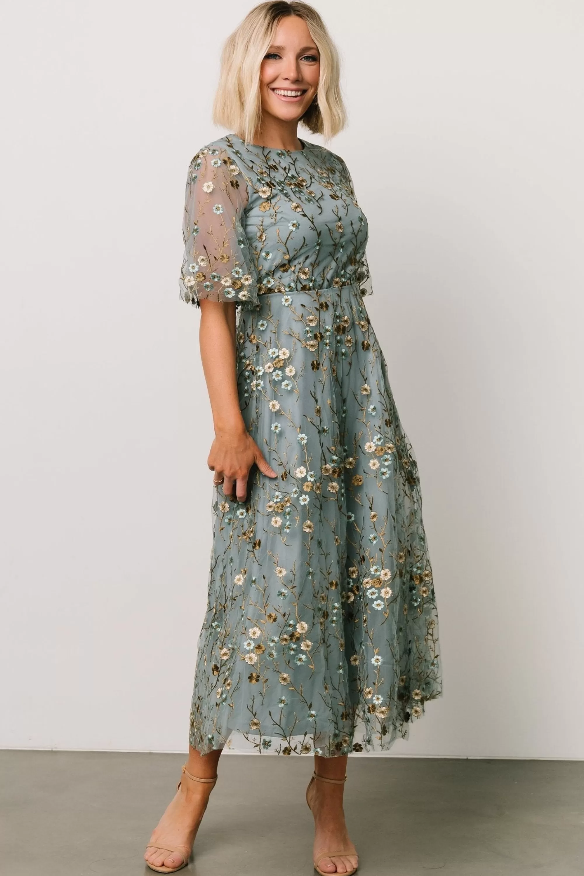 Baltic Born WEDDING SUITE | wedding guest | Arabella Embroidered Tulle Maxi Dress | Dusty Blue Floral