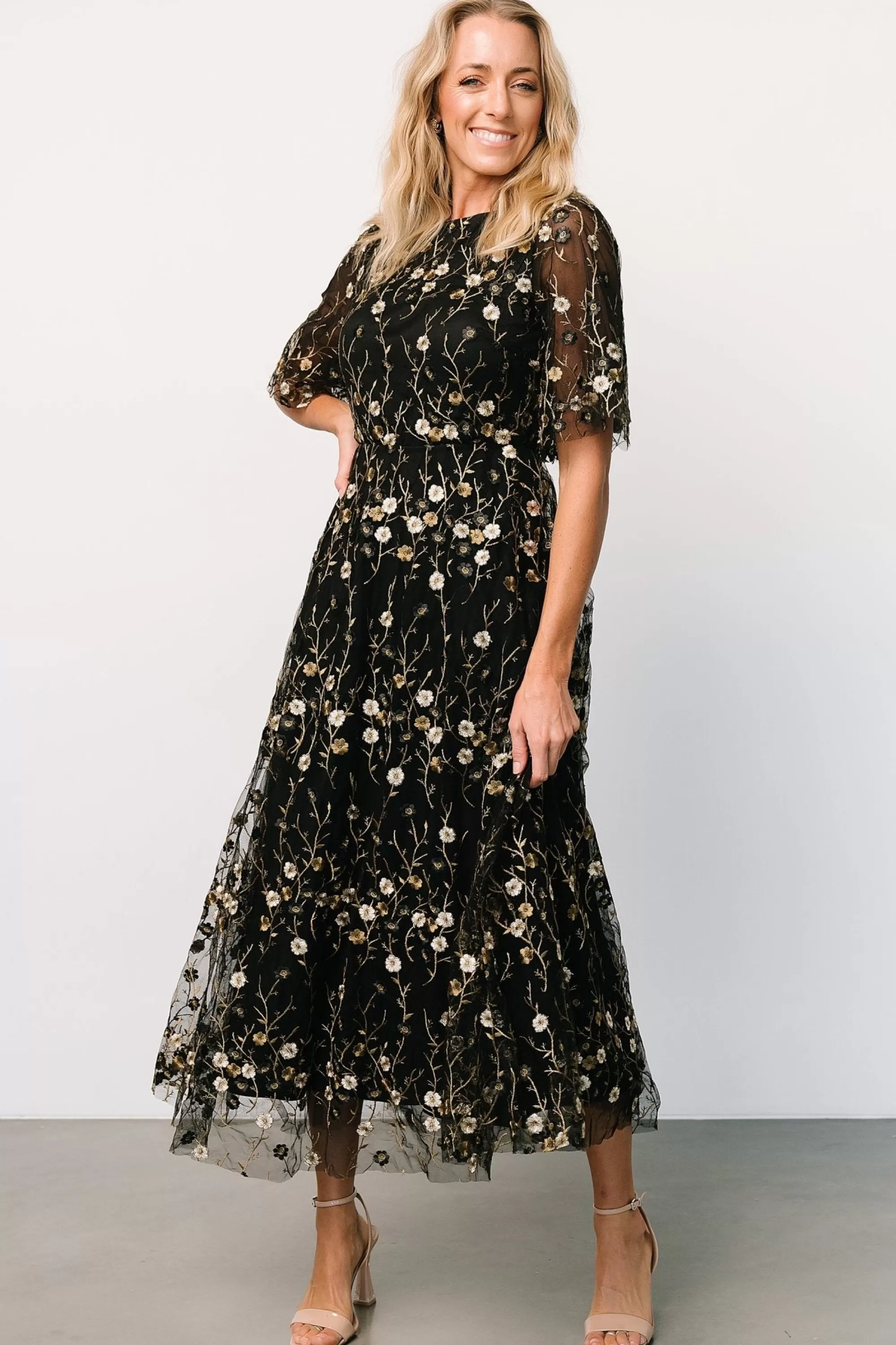 Baltic Born WEDDING SUITE | wedding guest | Arabella Embroidered Tulle Maxi Dress | Gold + Black