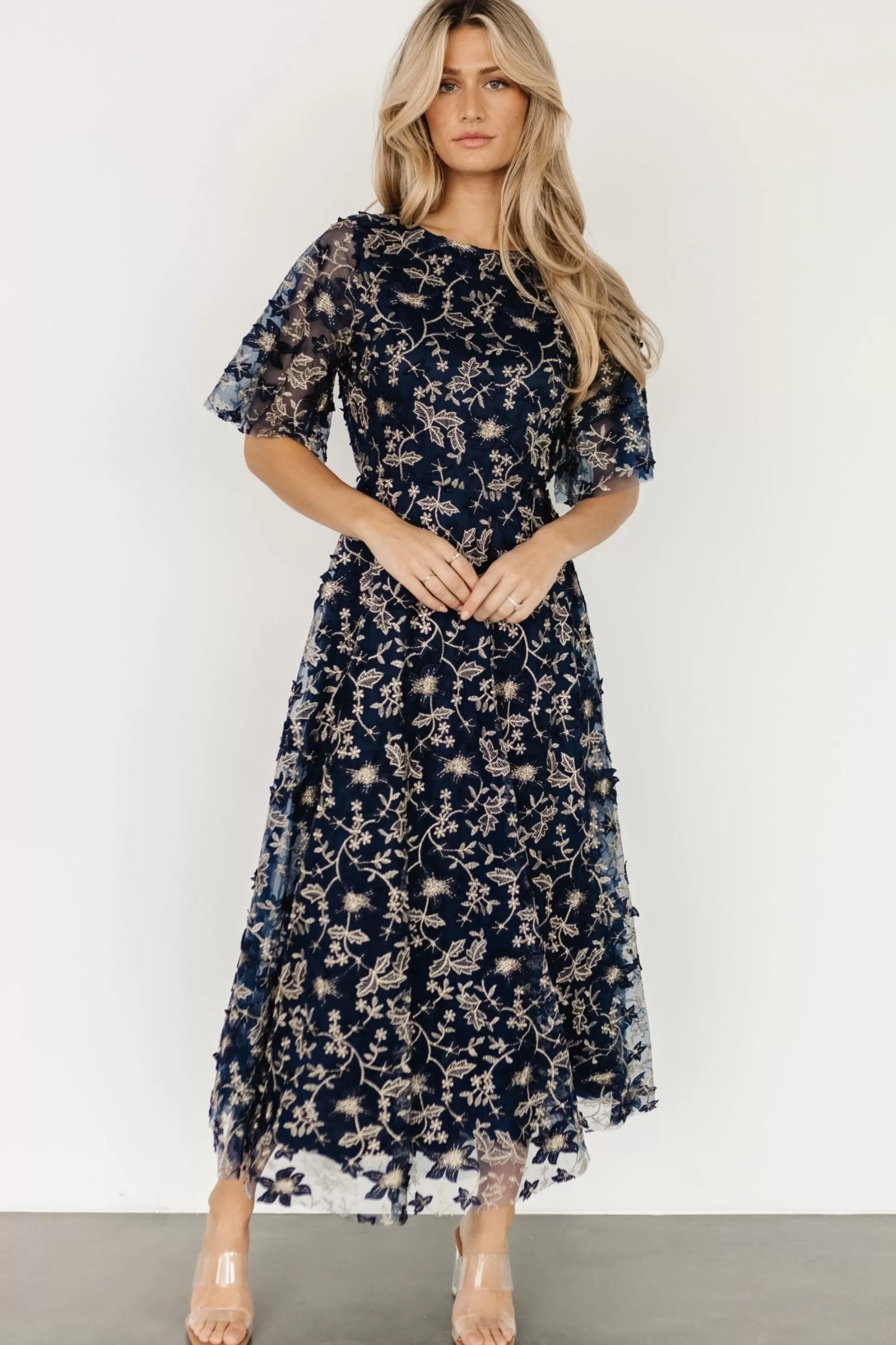 Baltic Born WEDDING SUITE | wedding guest | Arabella Embroidered Tulle Maxi Dress | Navy + Gold