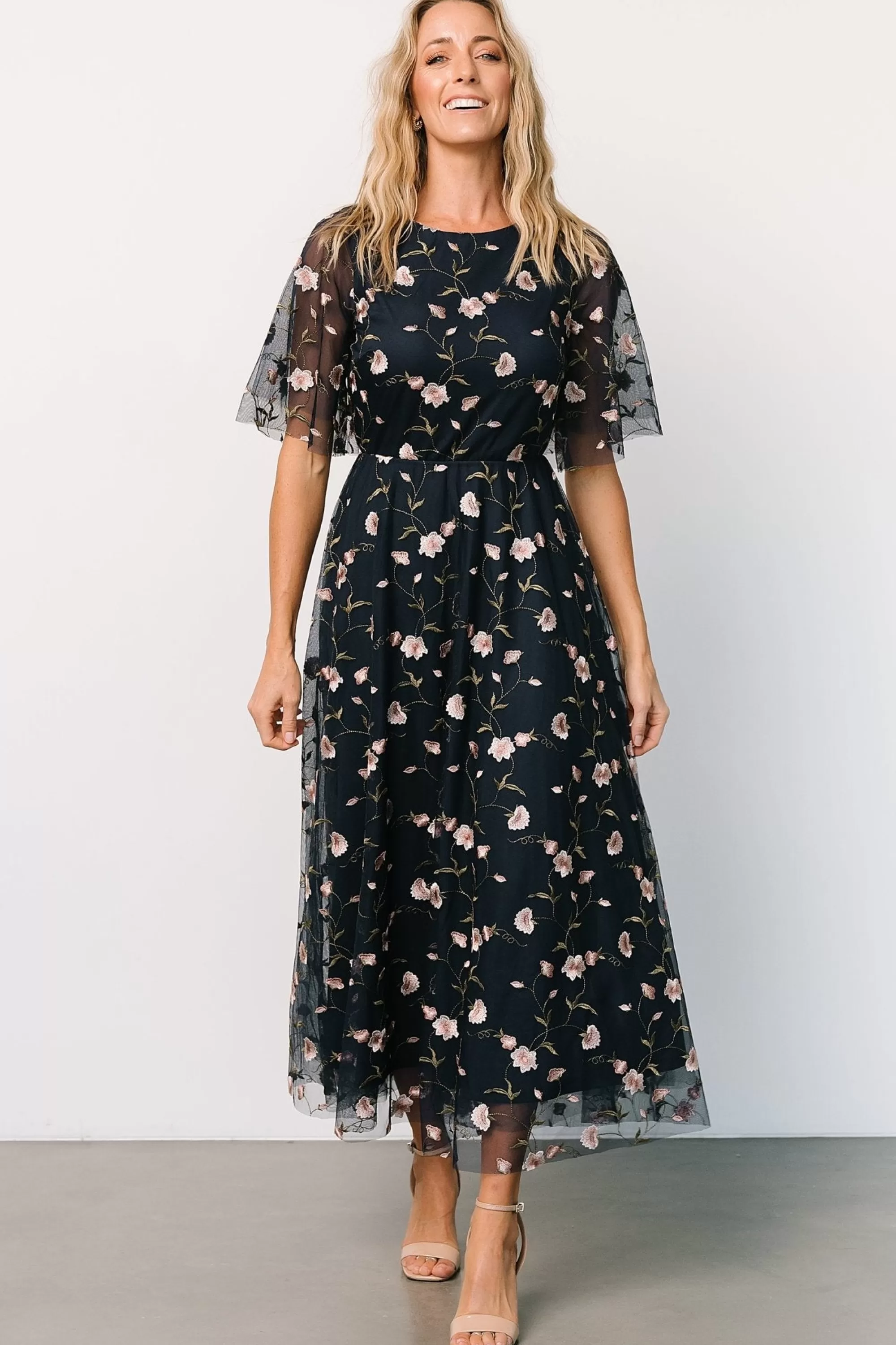 Baltic Born WEDDING SUITE | wedding guest | Arabella Embroidered Tulle Maxi Dress | Pink + Navy