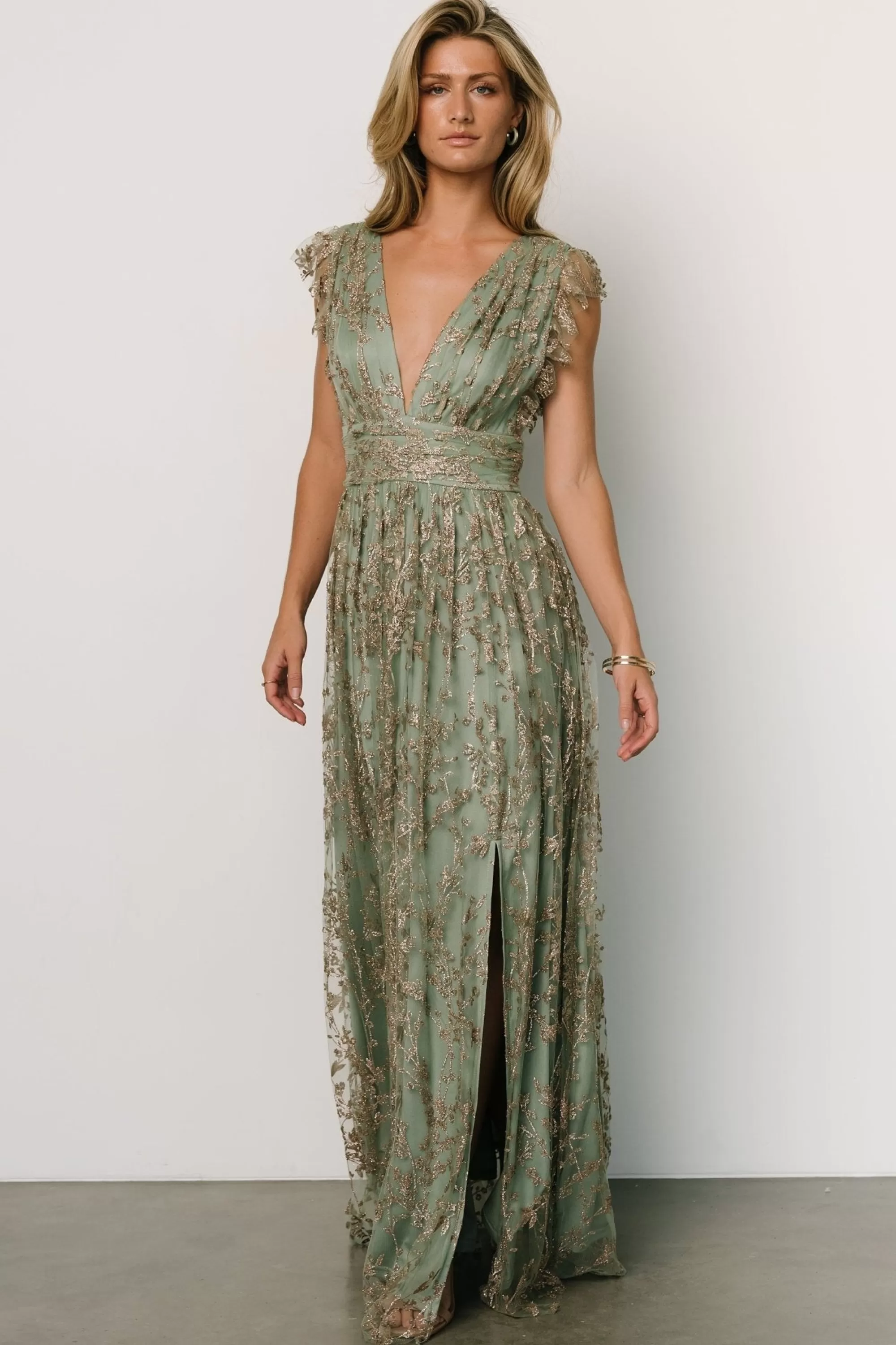 Baltic Born embellished + sequined | Arlene Shimmer Gown | Sage + Gold