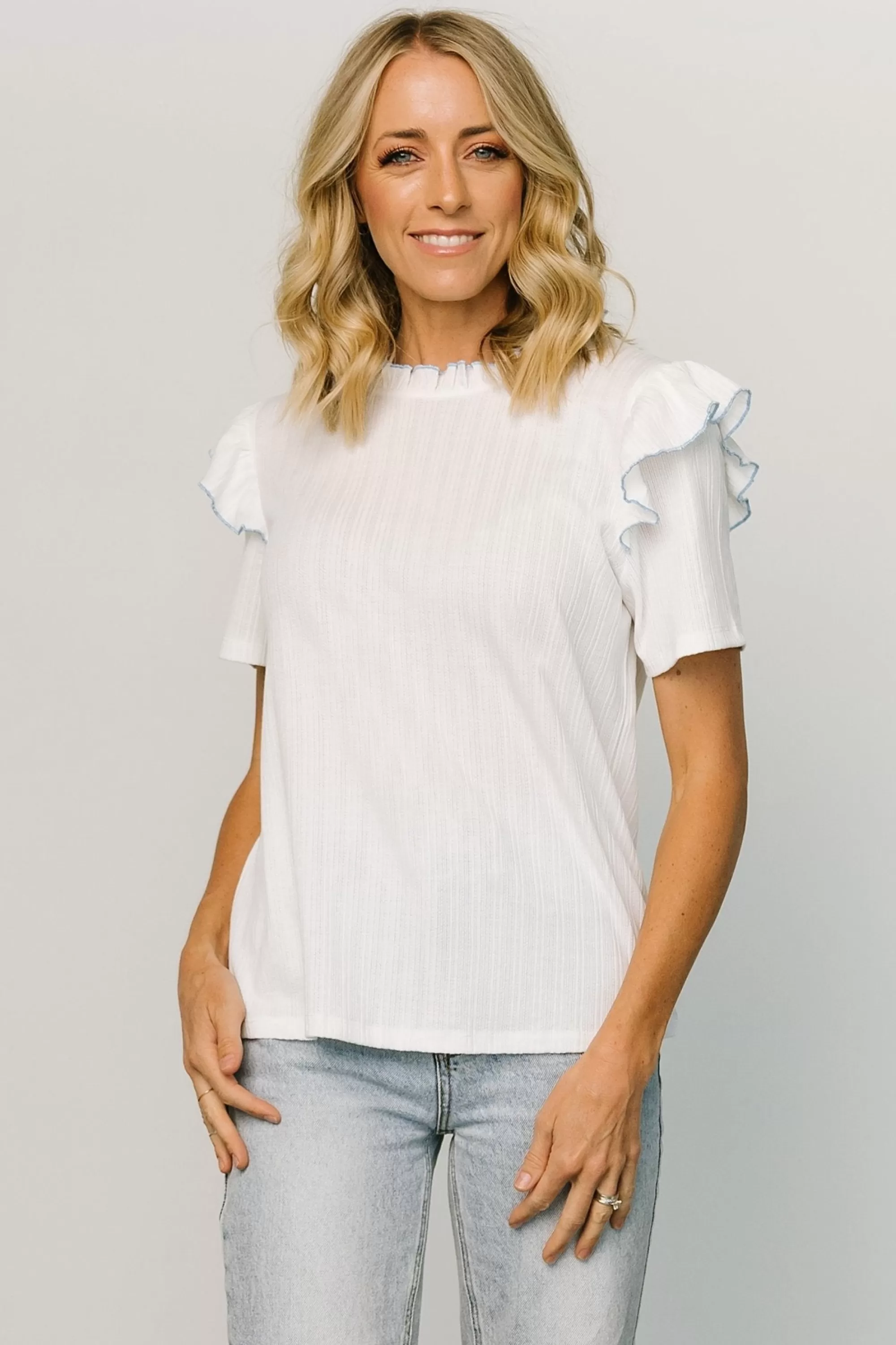 Baltic Born blouses + shirts | Atlas Ruffle Sleeve Top | Off White + Blue