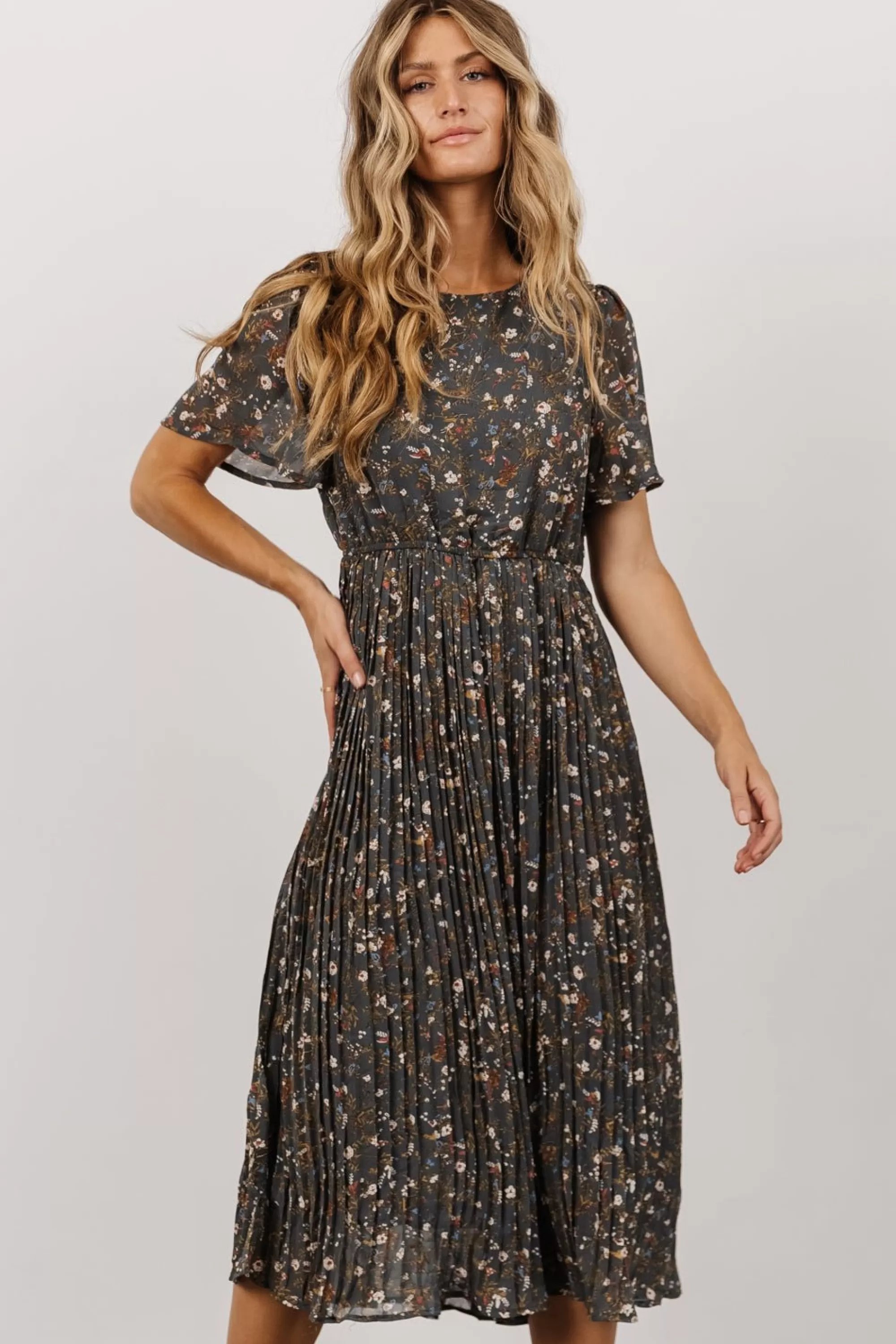 Baltic Born SALE | Belfast Pleated Midi Dress | Antique Jade Floral