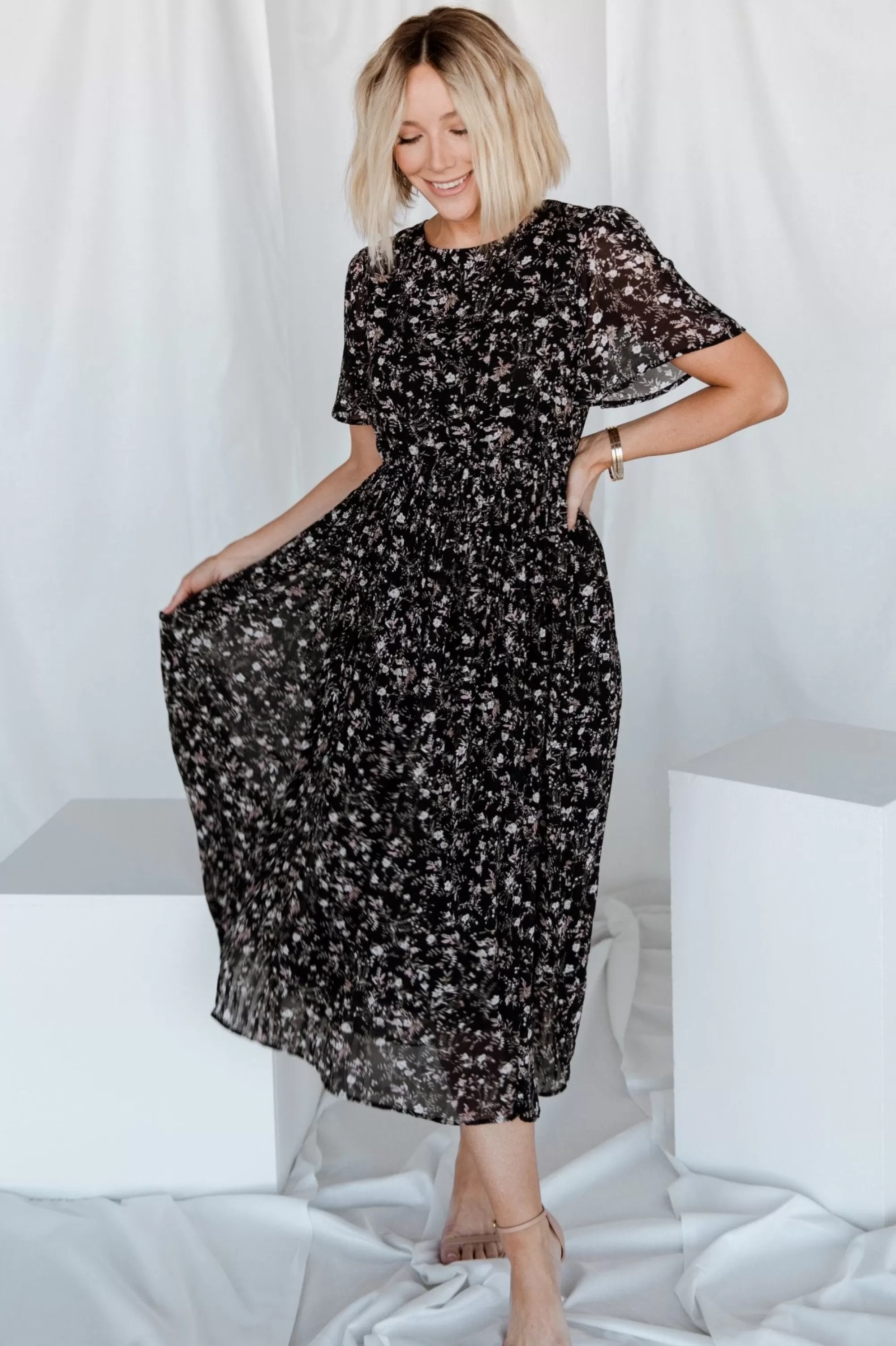 Baltic Born SALE | Belfast Pleated Midi Dress | Black Floral