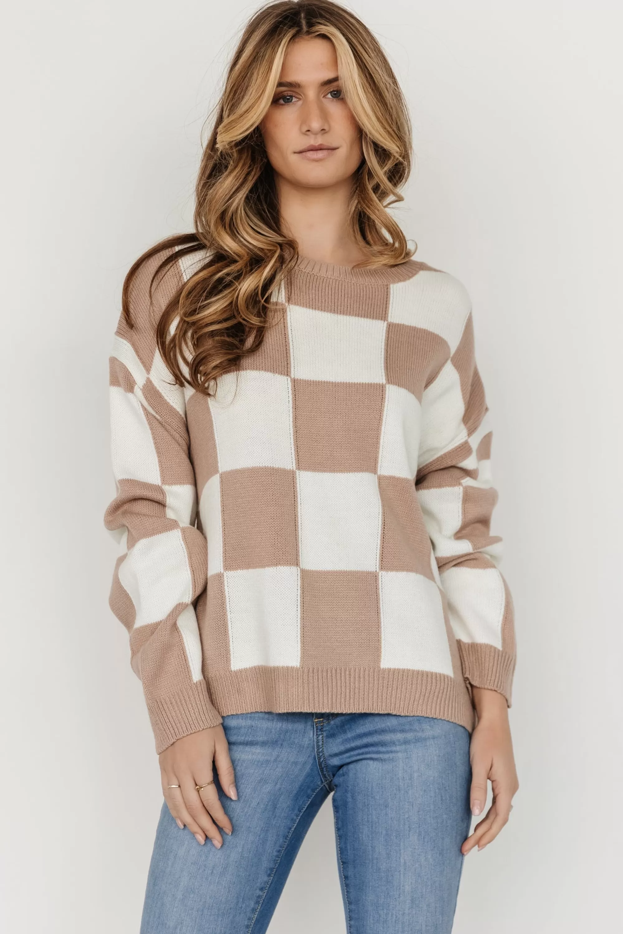 Baltic Born sweaters | Bella Checkered Sweater | Taupe