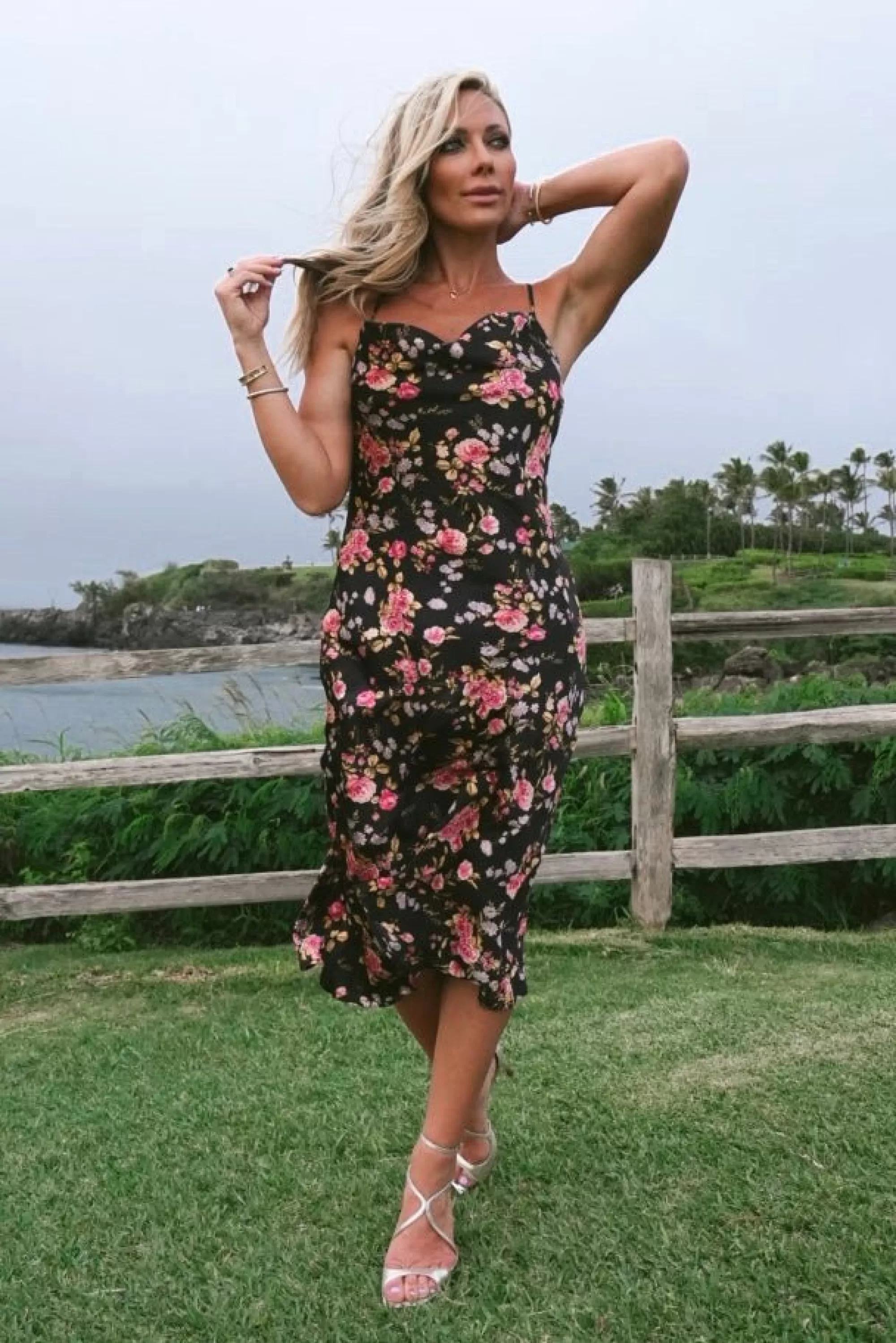 Baltic Born SALE | Belyn Satin Midi Dress | Black Rose Floral