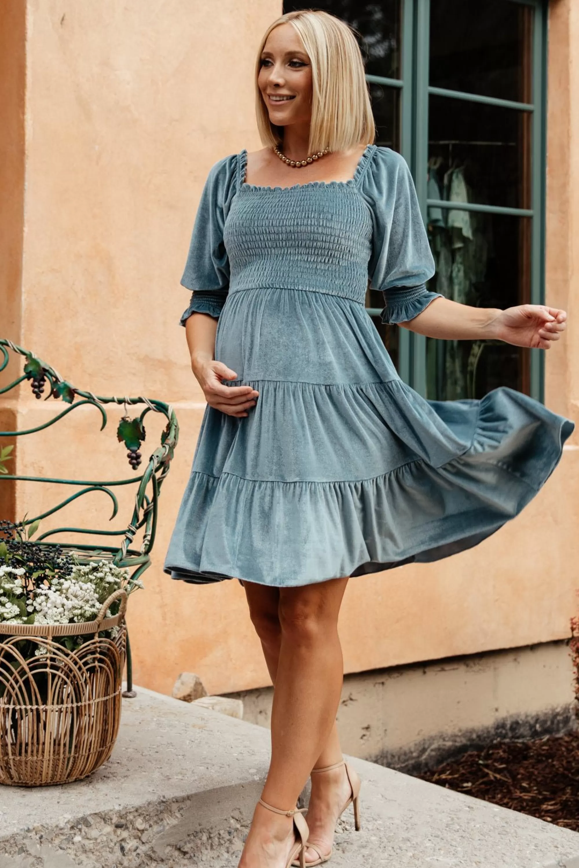 Baltic Born bump friendly | Bliss Smocked Velvet Short Dress | Dusty Blue