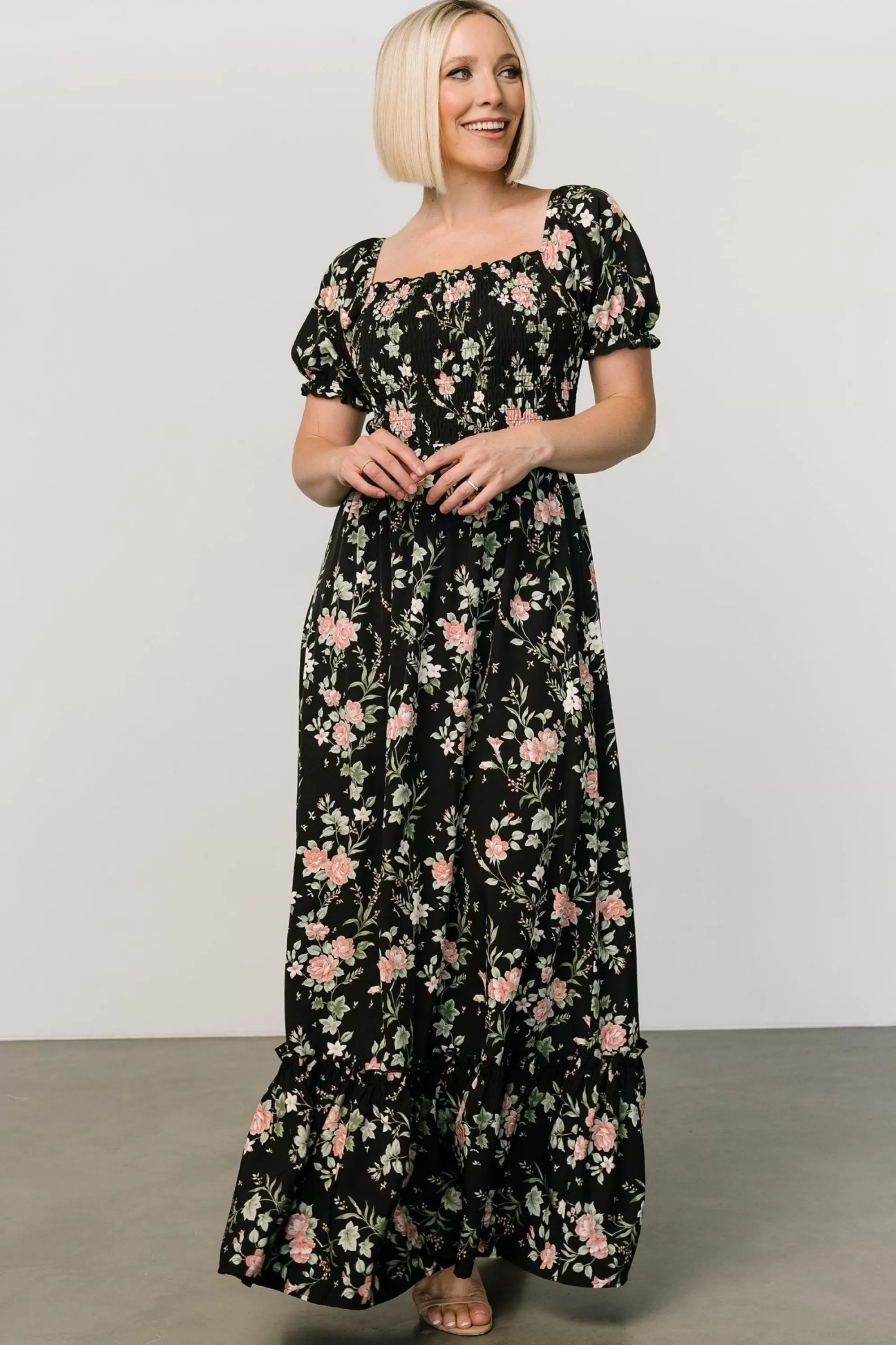 Baltic Born WINTER ESSENTIALS | Capri Smocked Maxi Dress | Black Garden Floral