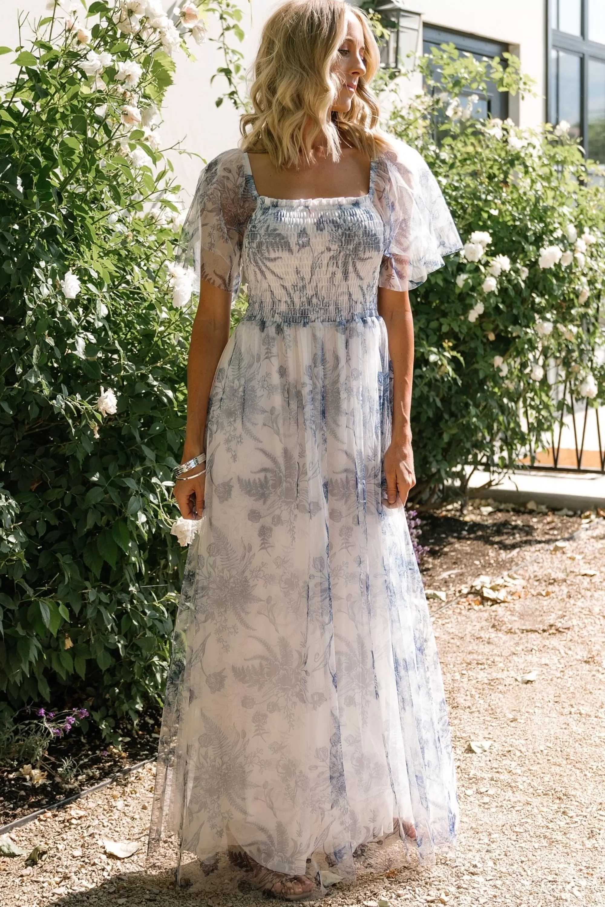 Baltic Born WEDDING SUITE | wedding guest | Cassandra Tulle Maxi Dress | Blue + White Floral