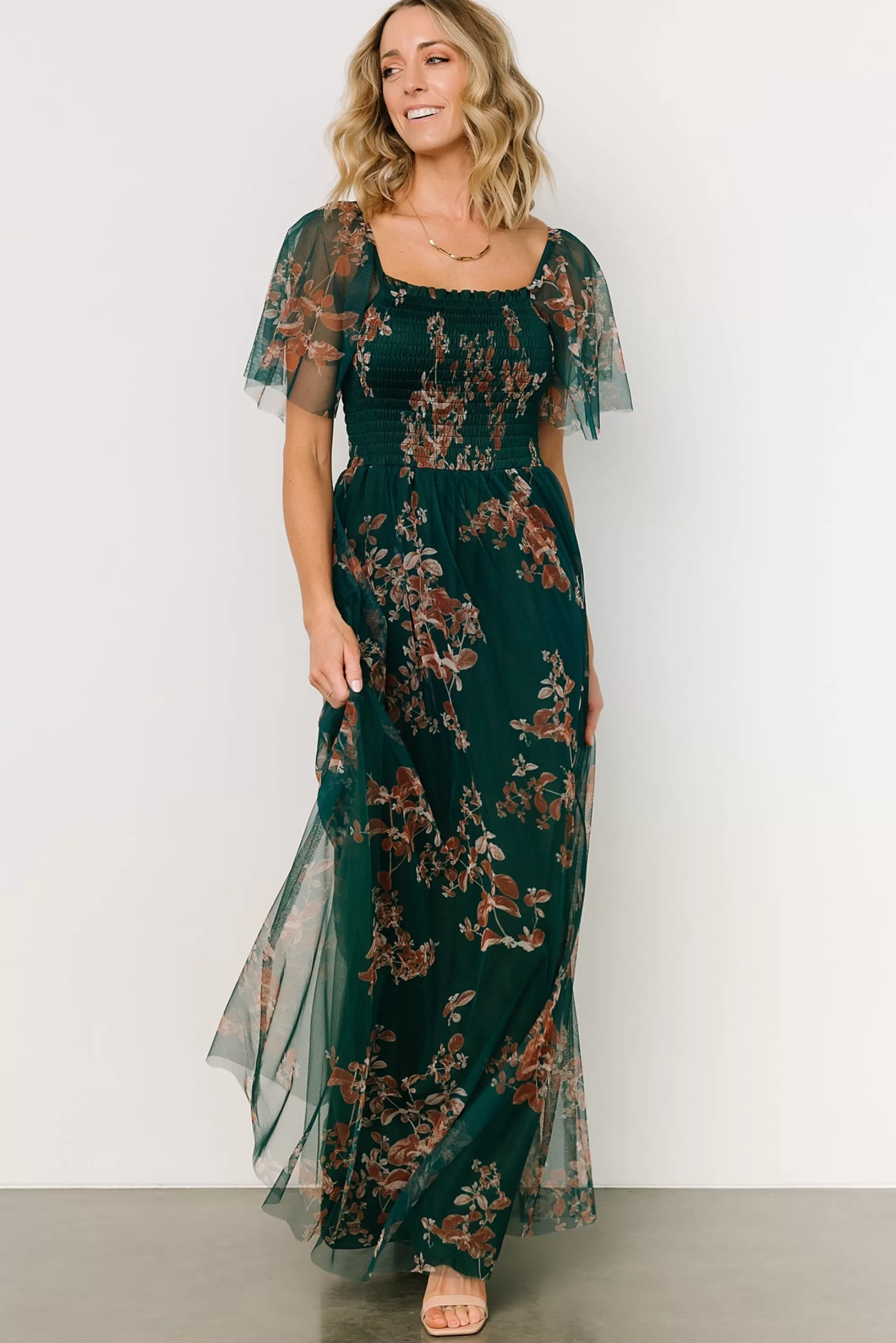 Baltic Born WEDDING SUITE | wedding guest | Cassandra Tulle Maxi Dress | Green + Bronze Floral