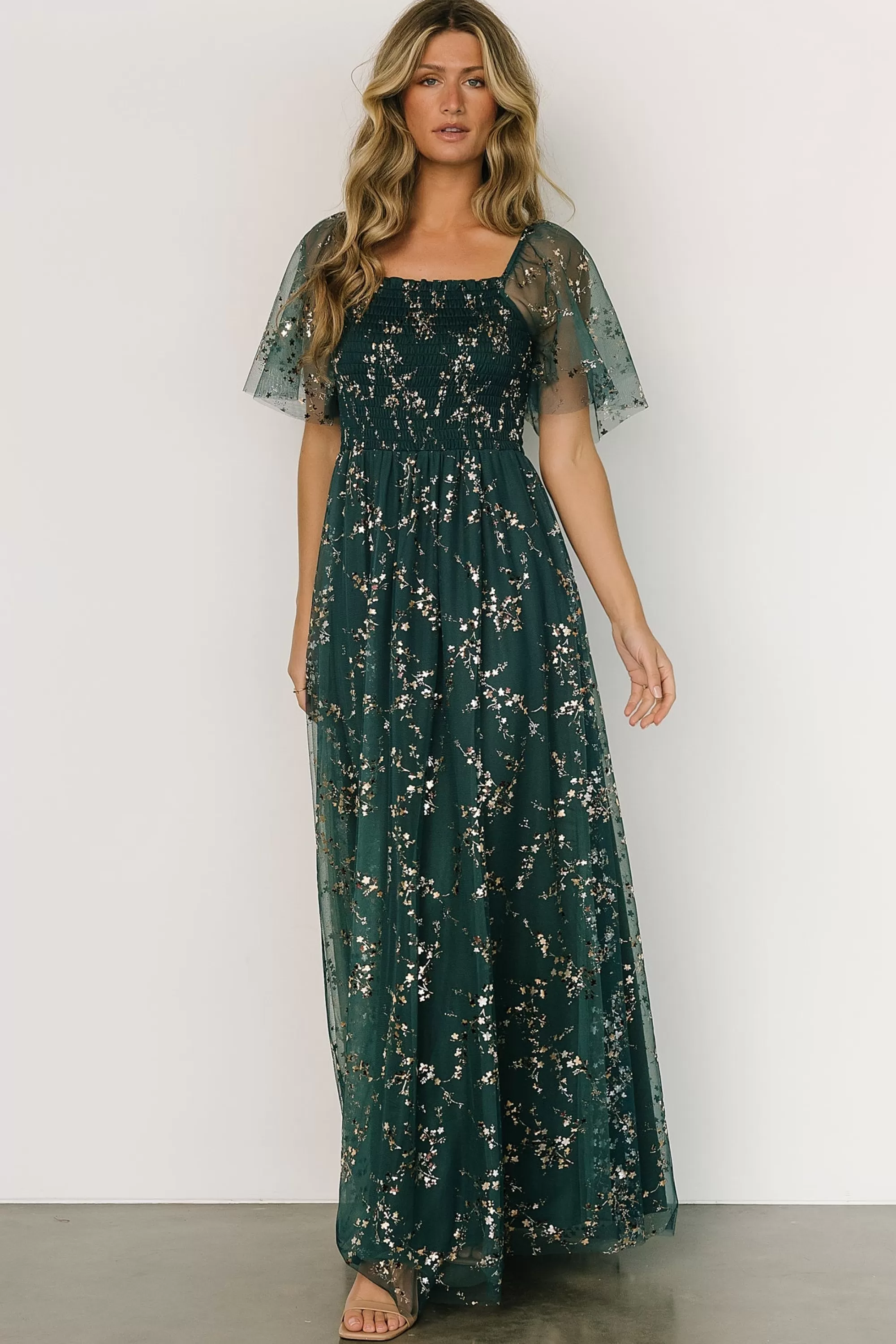 Baltic Born WEDDING SUITE | wedding guest | Cassandra Tulle Maxi Dress | Green + Gold