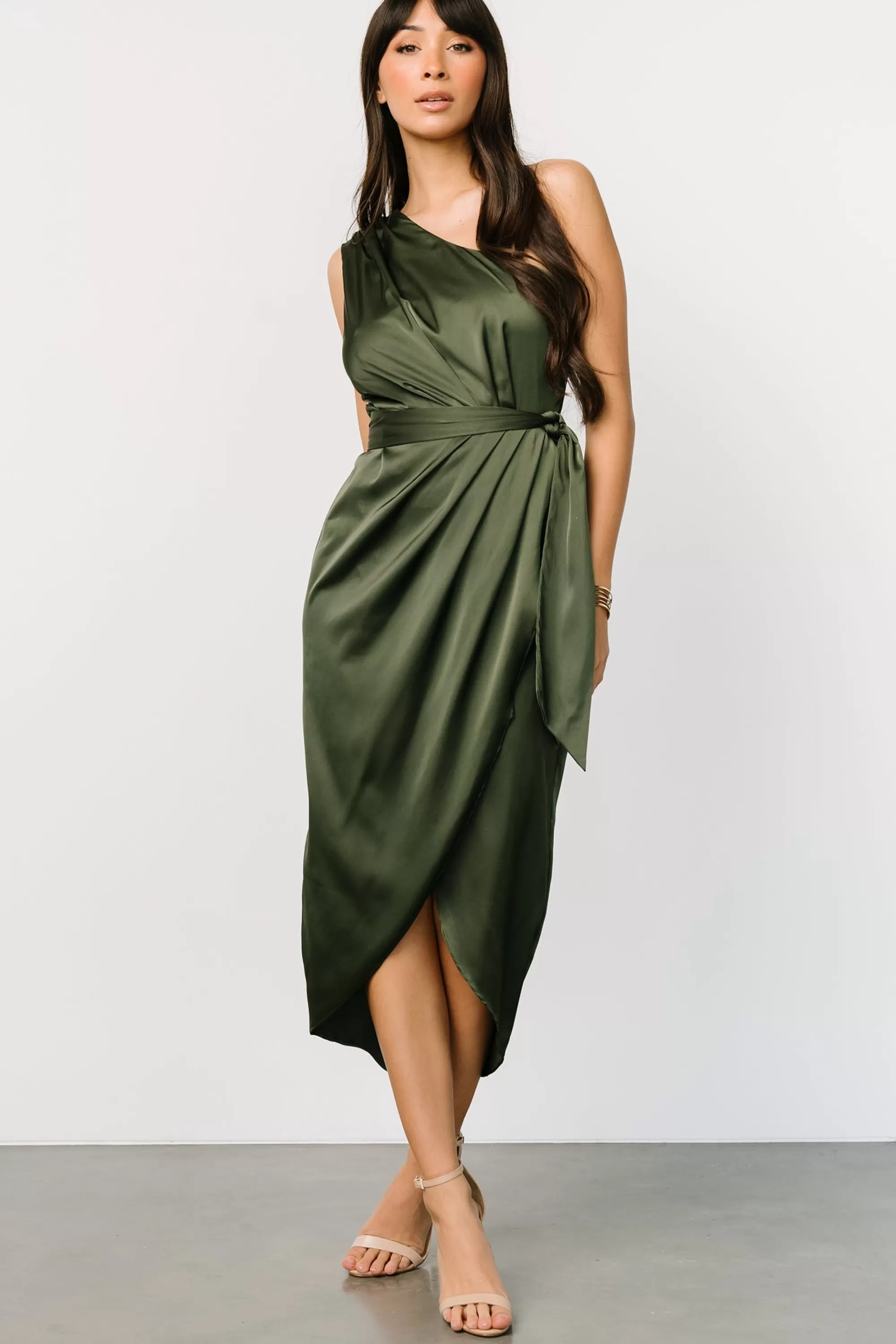 Baltic Born BEST SELLERS | Celia One Shoulder Midi Dress | Olive