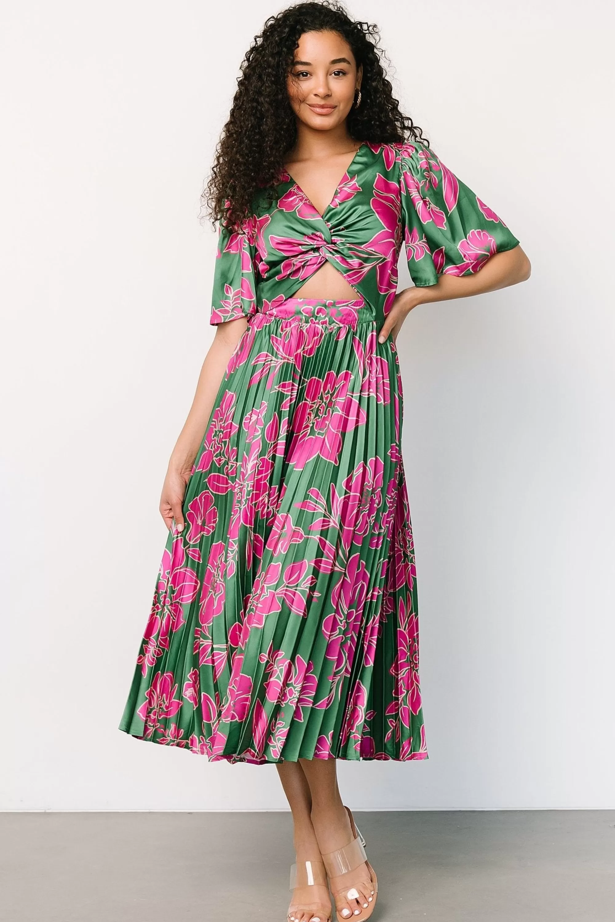 Baltic Born midi dresses | Chaya Pleated Dress | Green + Pink