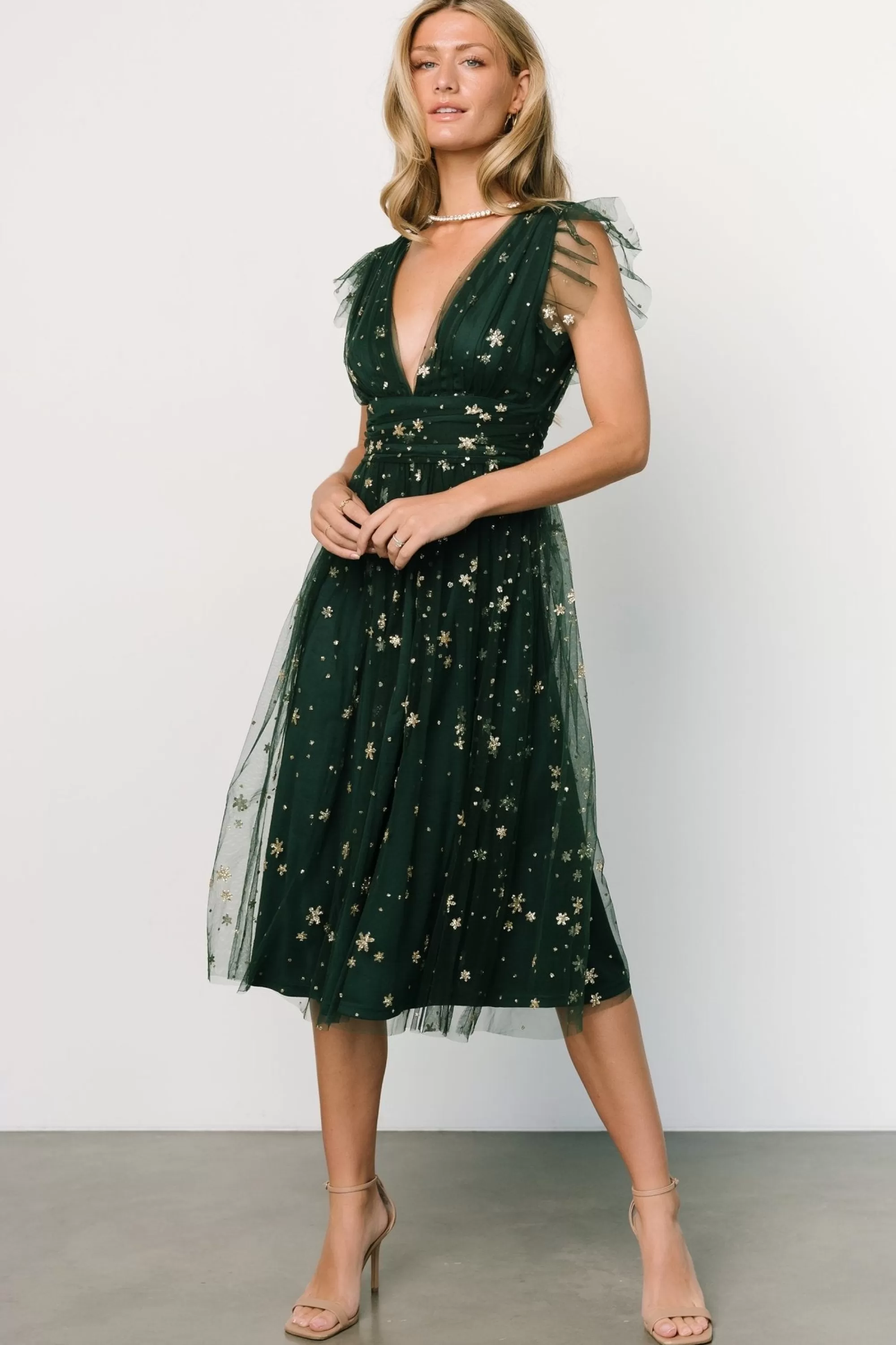 Baltic Born COMING SOON | Chiara Shimmer Midi Dress | Green + Gold