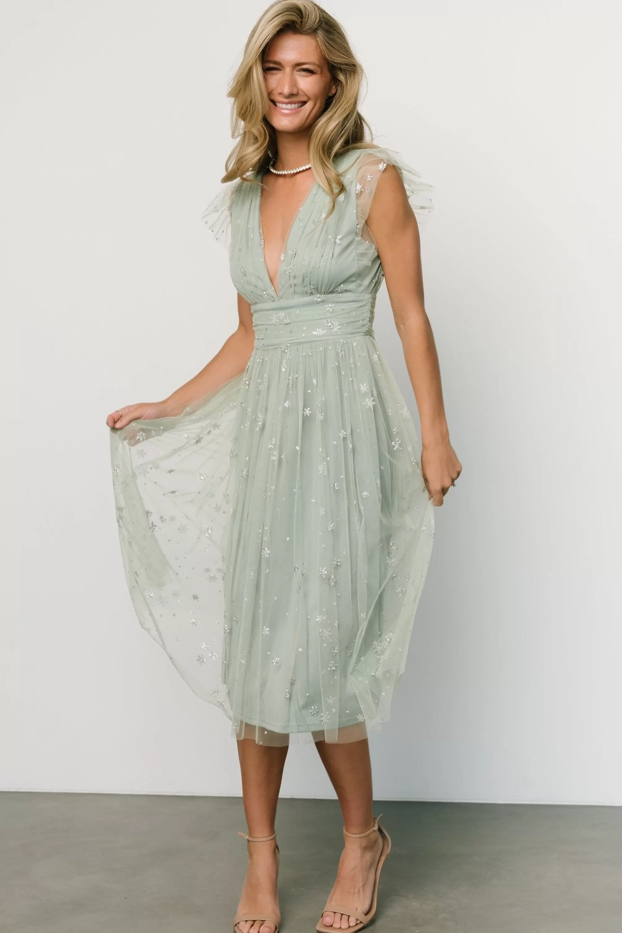 Baltic Born COMING SOON | Chiara Shimmer Midi Dress | Sage + Silver