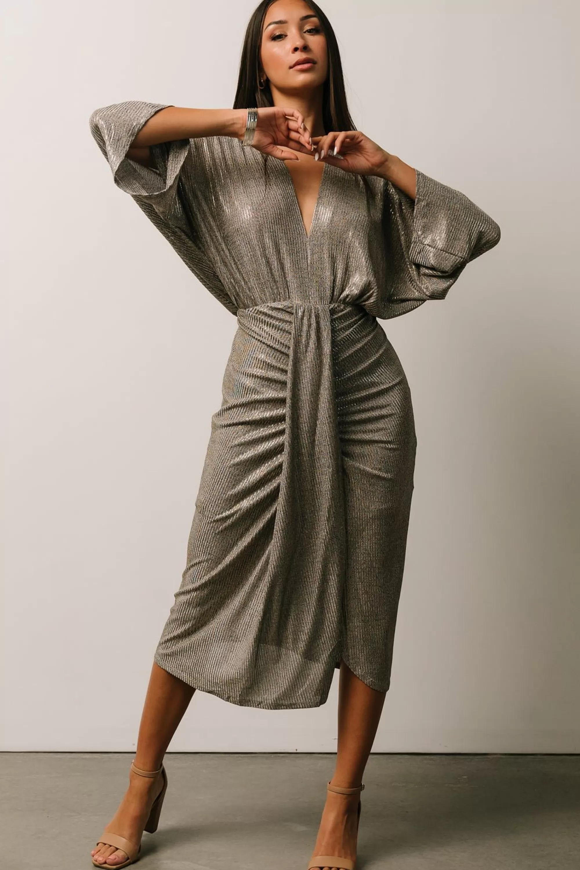 Baltic Born midi dresses | WEDDING SUITE | Ciara Ruched Midi Dress | Silver Metallic