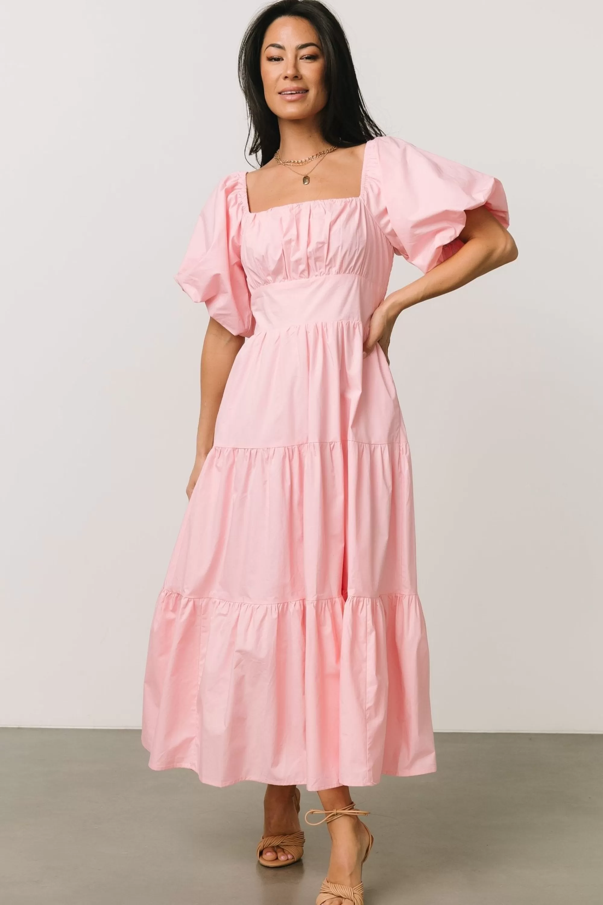 Baltic Born midi dresses | Cindy Puff Sleeve Tiered Dress | Pink