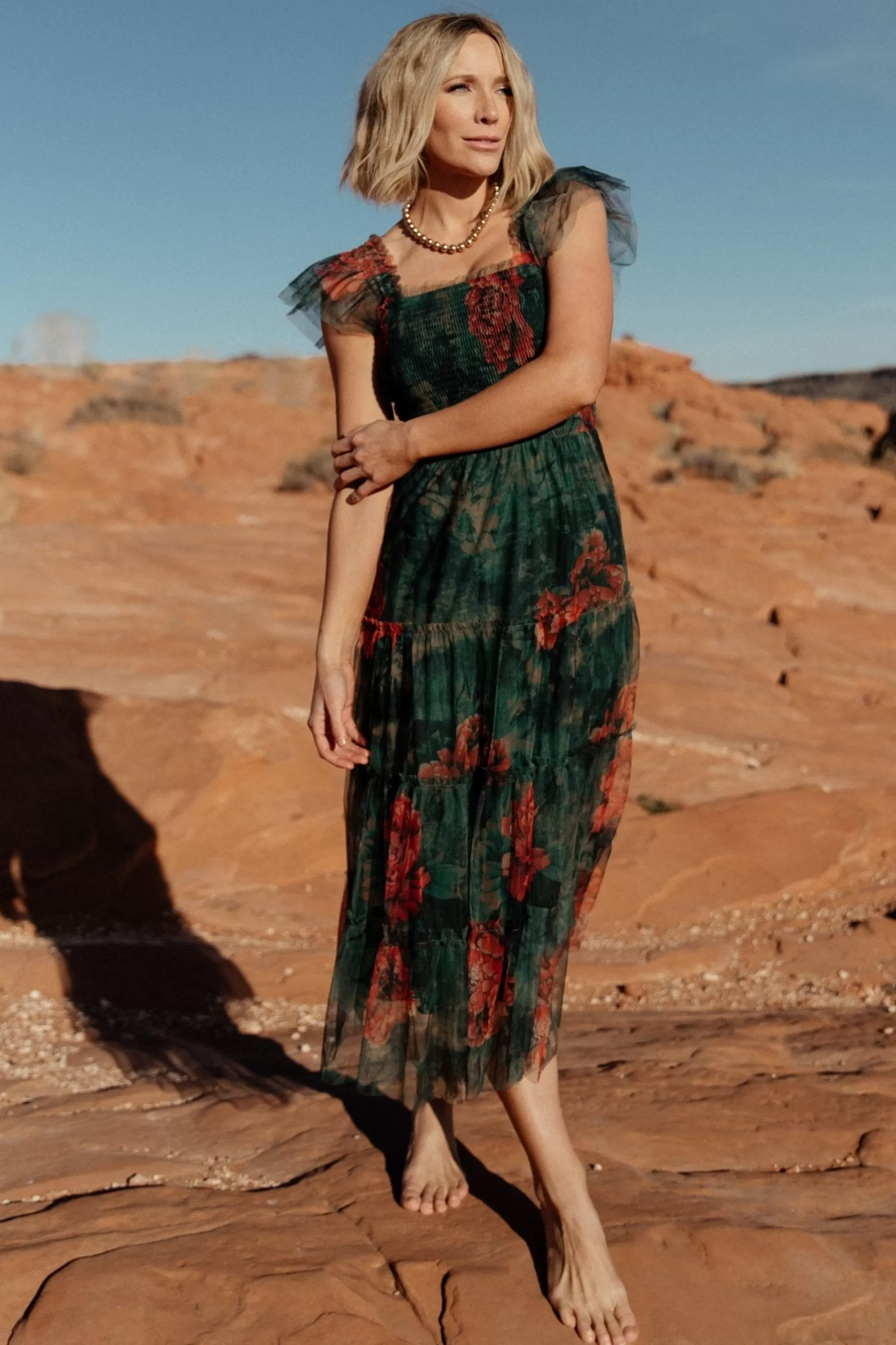 Baltic Born COMING SOON | Clementine Tulle Midi Dress | Dark Green Floral