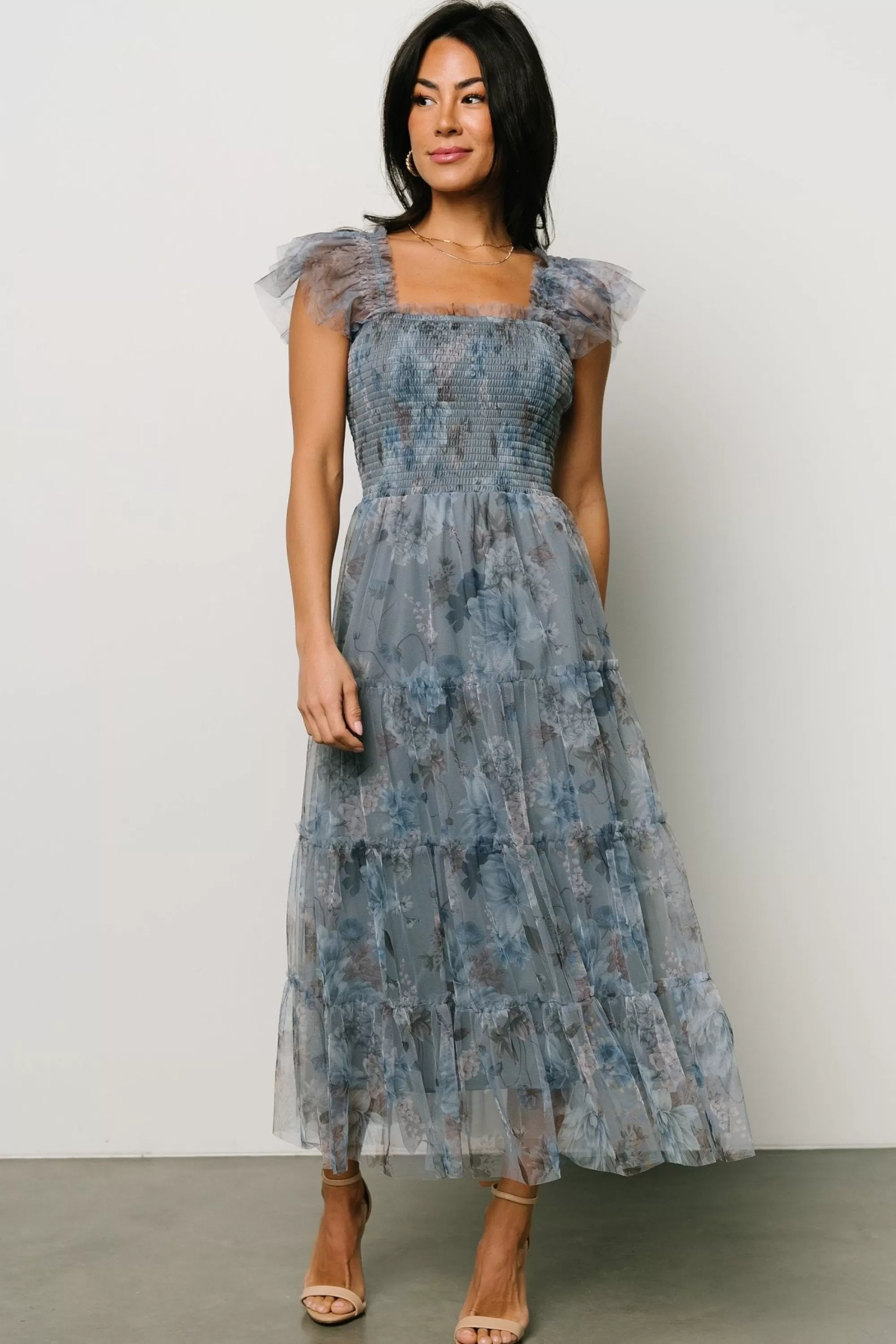 Baltic Born COMING SOON | Clementine Tulle Midi Dress | Dusty Blue Floral