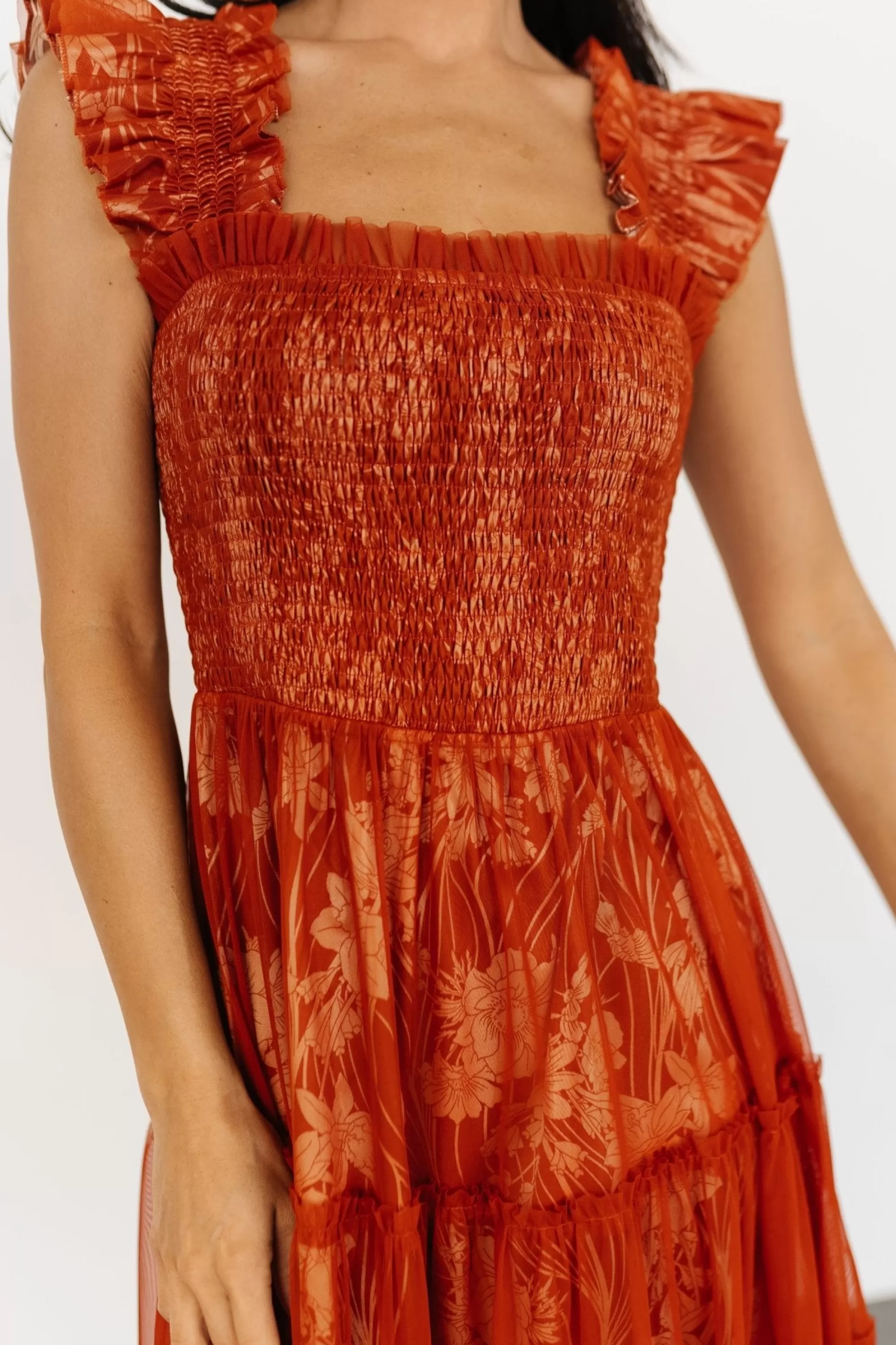 Baltic Born WEDDING SUITE | wedding guest | Cora Smocked Tulle Dress | Rust Floral