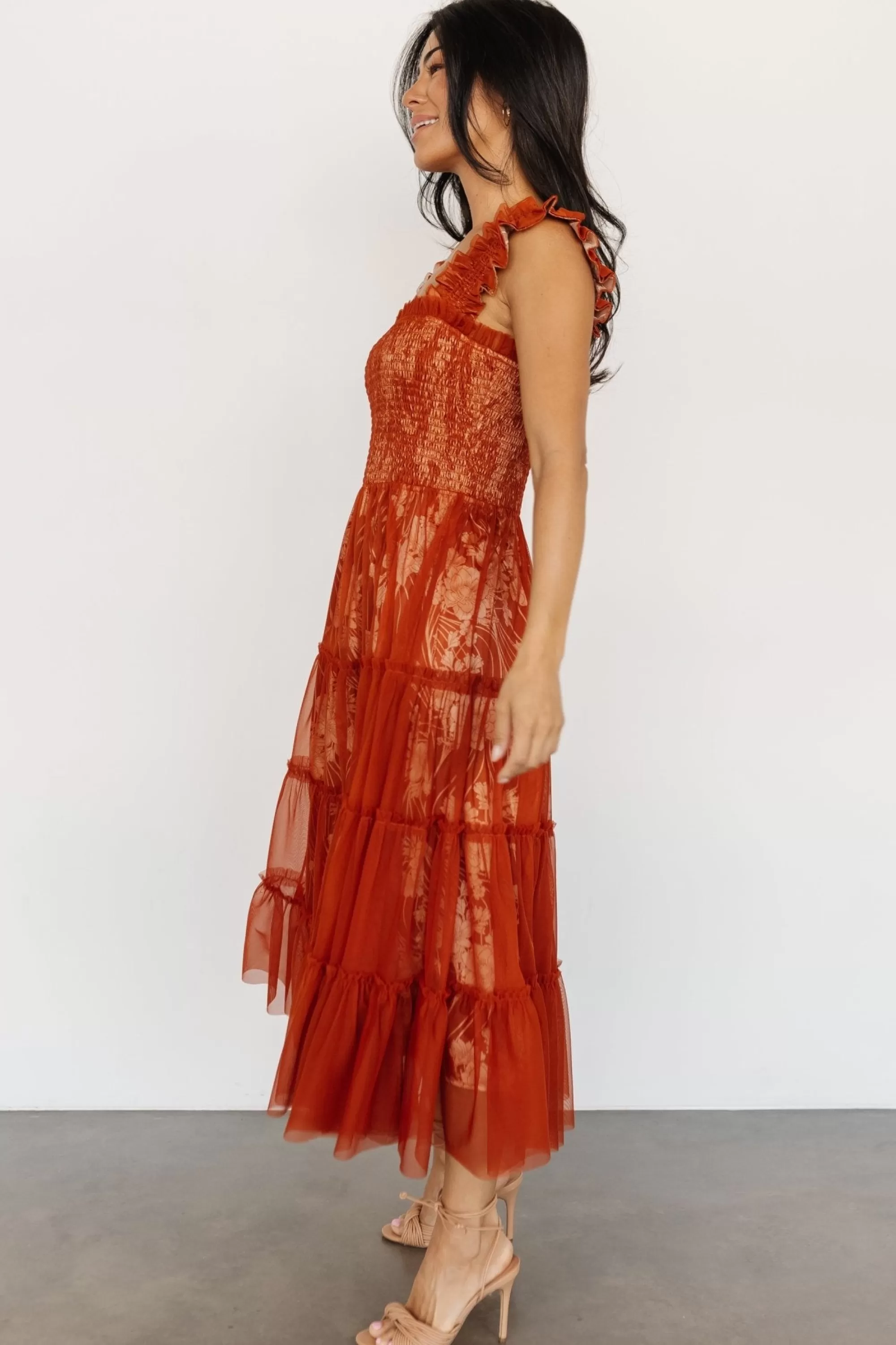 Baltic Born WEDDING SUITE | wedding guest | Cora Smocked Tulle Dress | Rust Floral