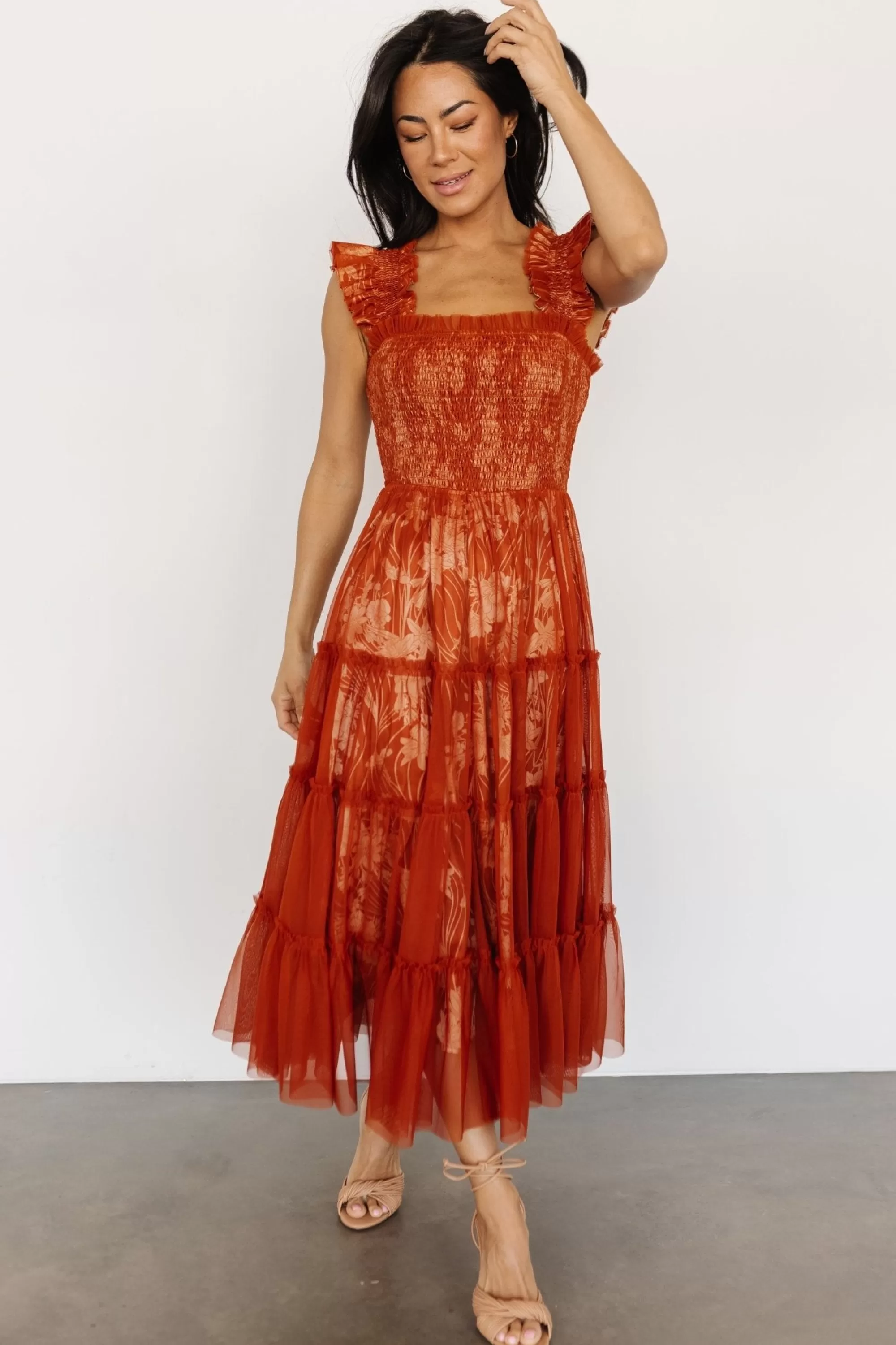 Baltic Born WEDDING SUITE | wedding guest | Cora Smocked Tulle Dress | Rust Floral