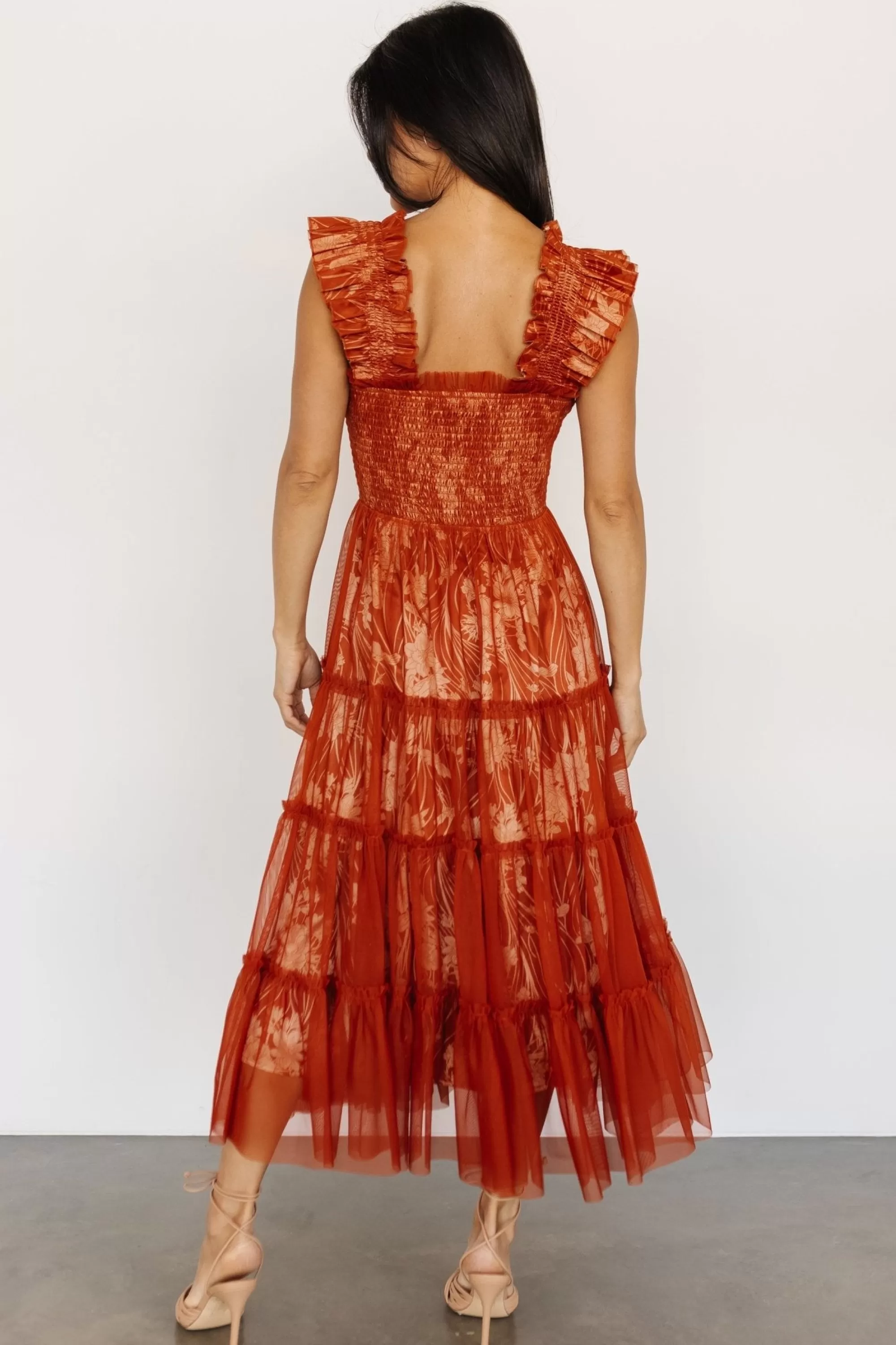 Baltic Born WEDDING SUITE | wedding guest | Cora Smocked Tulle Dress | Rust Floral