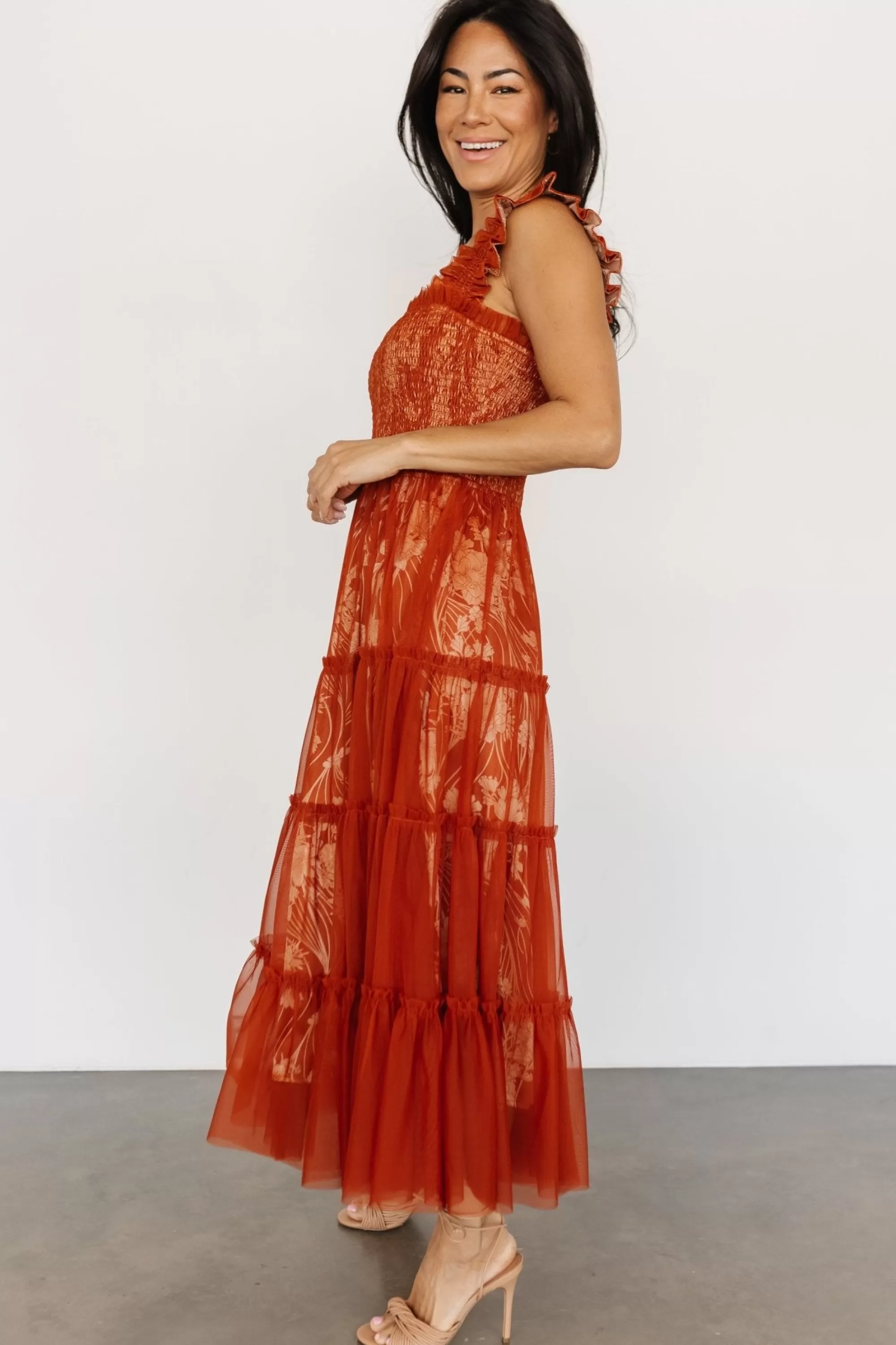 Baltic Born WEDDING SUITE | wedding guest | Cora Smocked Tulle Dress | Rust Floral