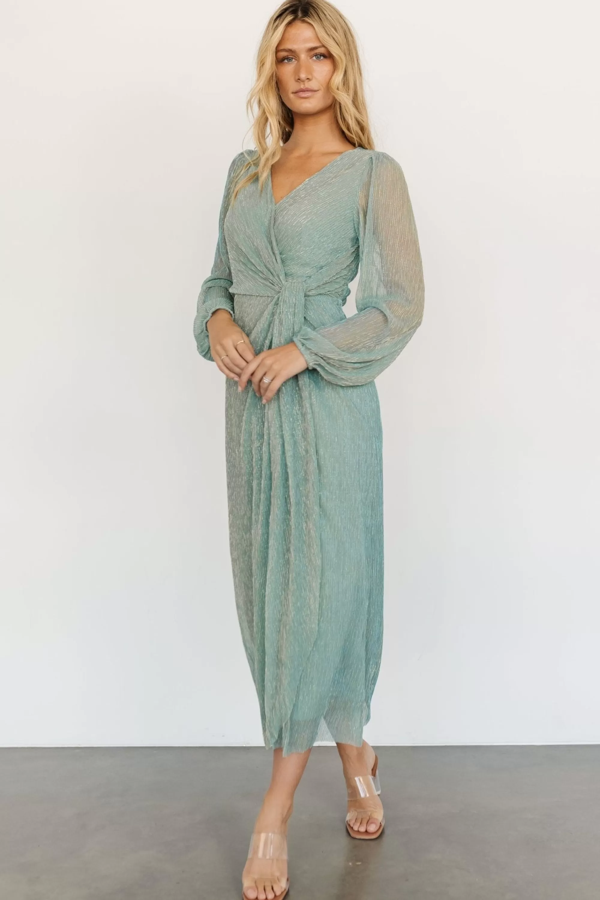 Baltic Born WEDDING SUITE | wedding guest | Devlyn Pleated Dress | Blue Sage Shimmer