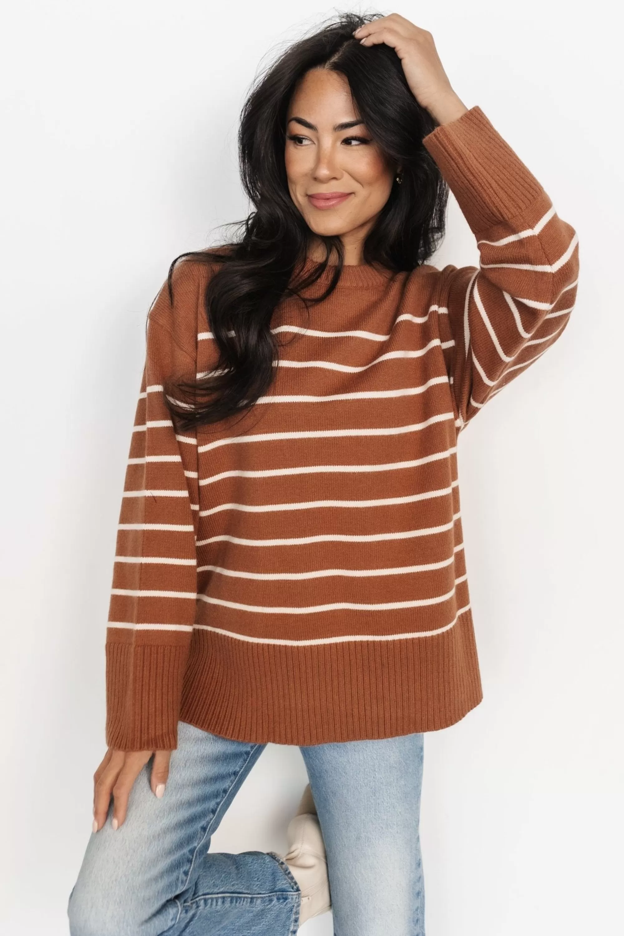 Baltic Born sweaters | EXTENDED SIZING | Emerson Stripe Knit Sweater | Dark Camel + Ivory