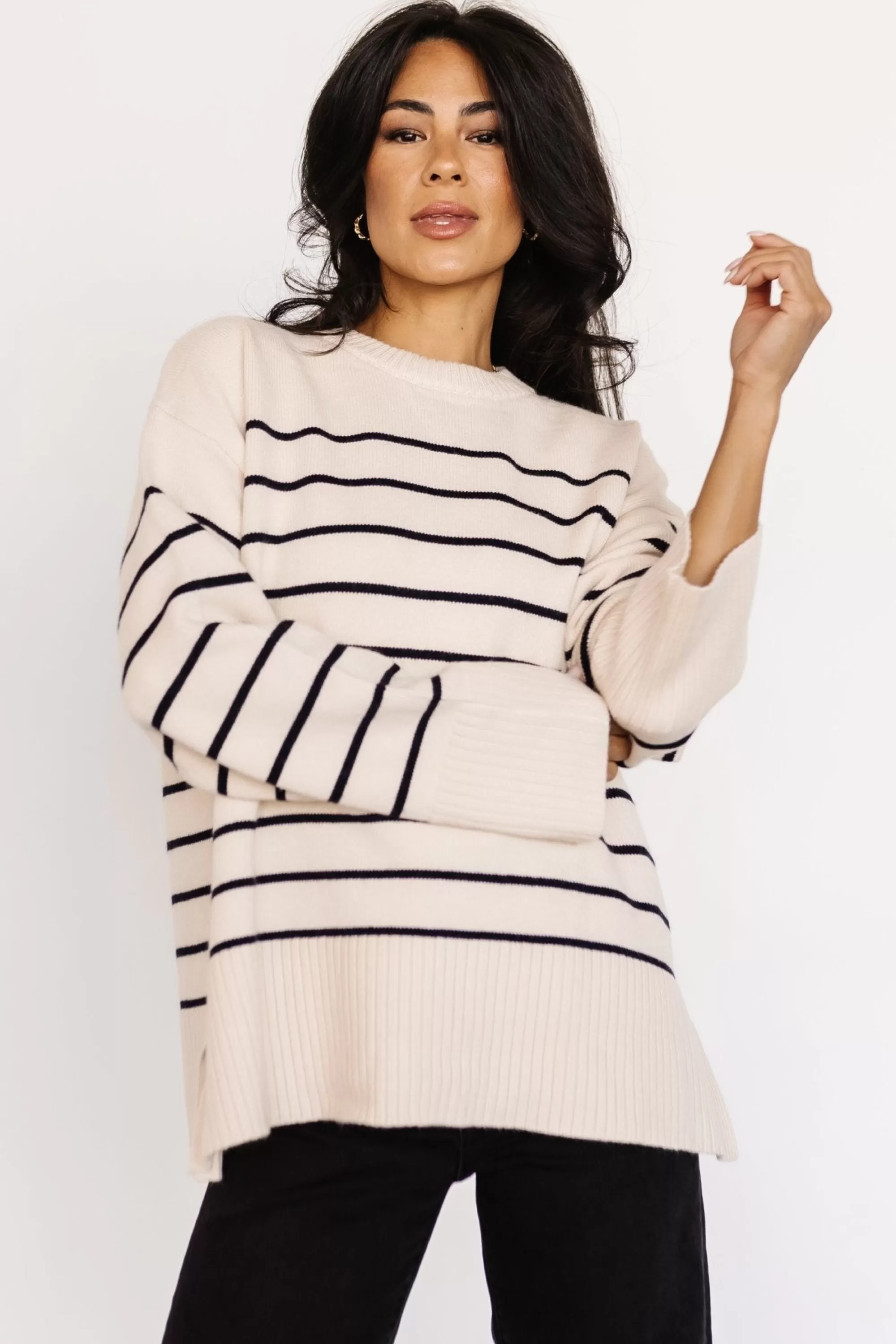 Baltic Born sweaters | EXTENDED SIZING | Emerson Stripe Knit Sweater | Ivory + Black