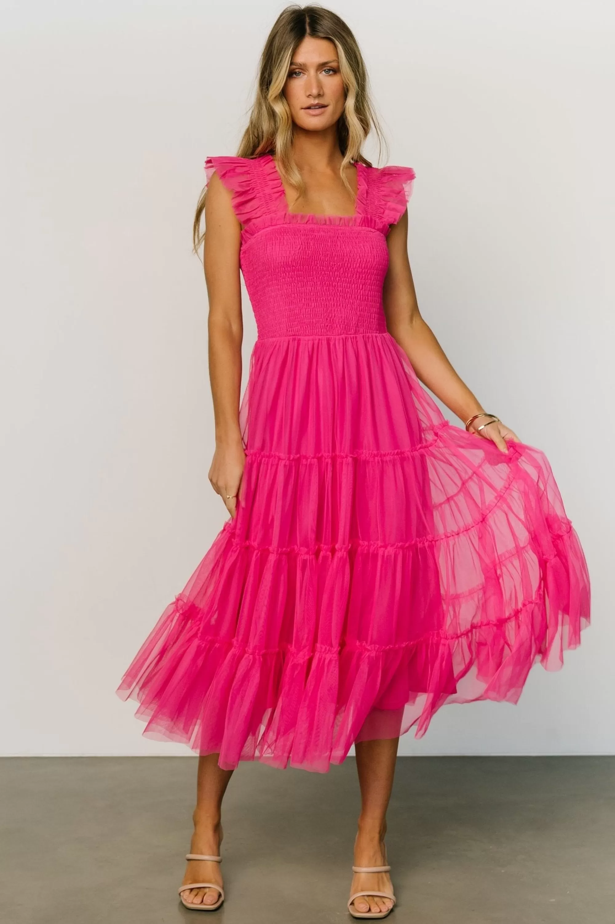 Baltic Born DRESSES | midi dresses | Emma Smocked Tulle Dress | Hot Pink