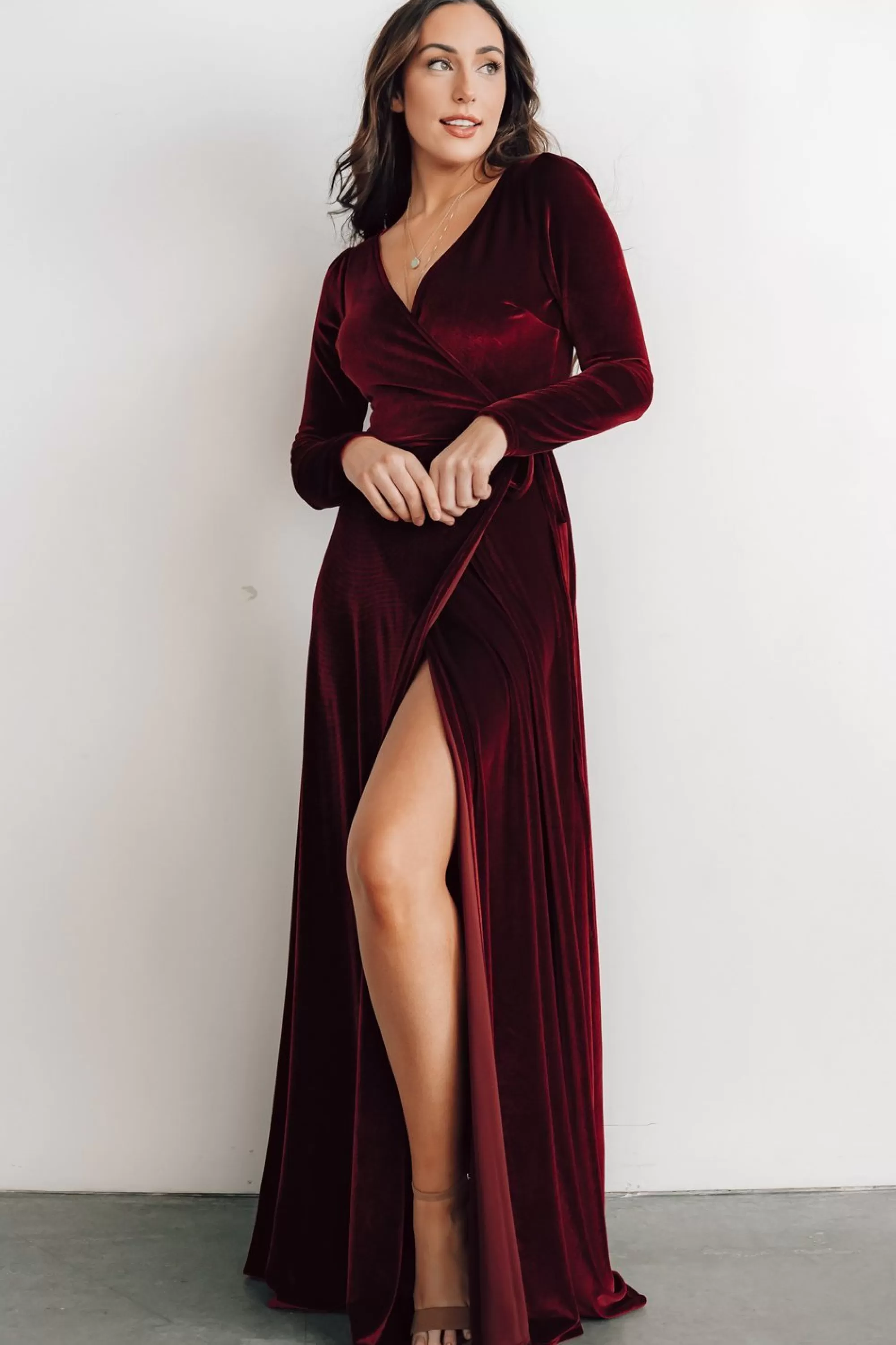 Baltic Born bump friendly | WINTER ESSENTIALS | Esmerelda Velvet Wrap Maxi Dress | Merlot