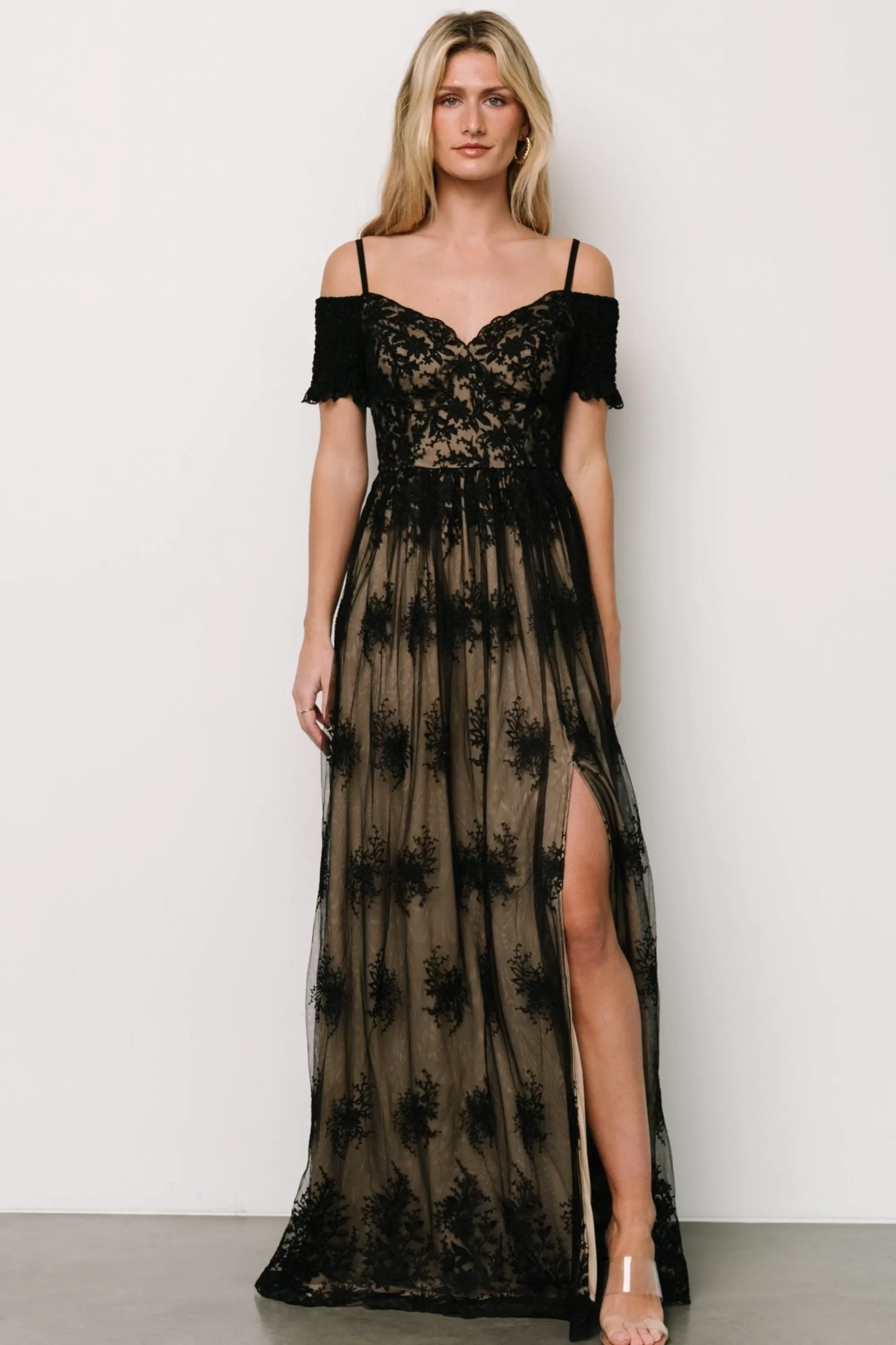 Baltic Born tulle styles | Esperanza Tulle Embroidered Maxi Dress | Black + Nude