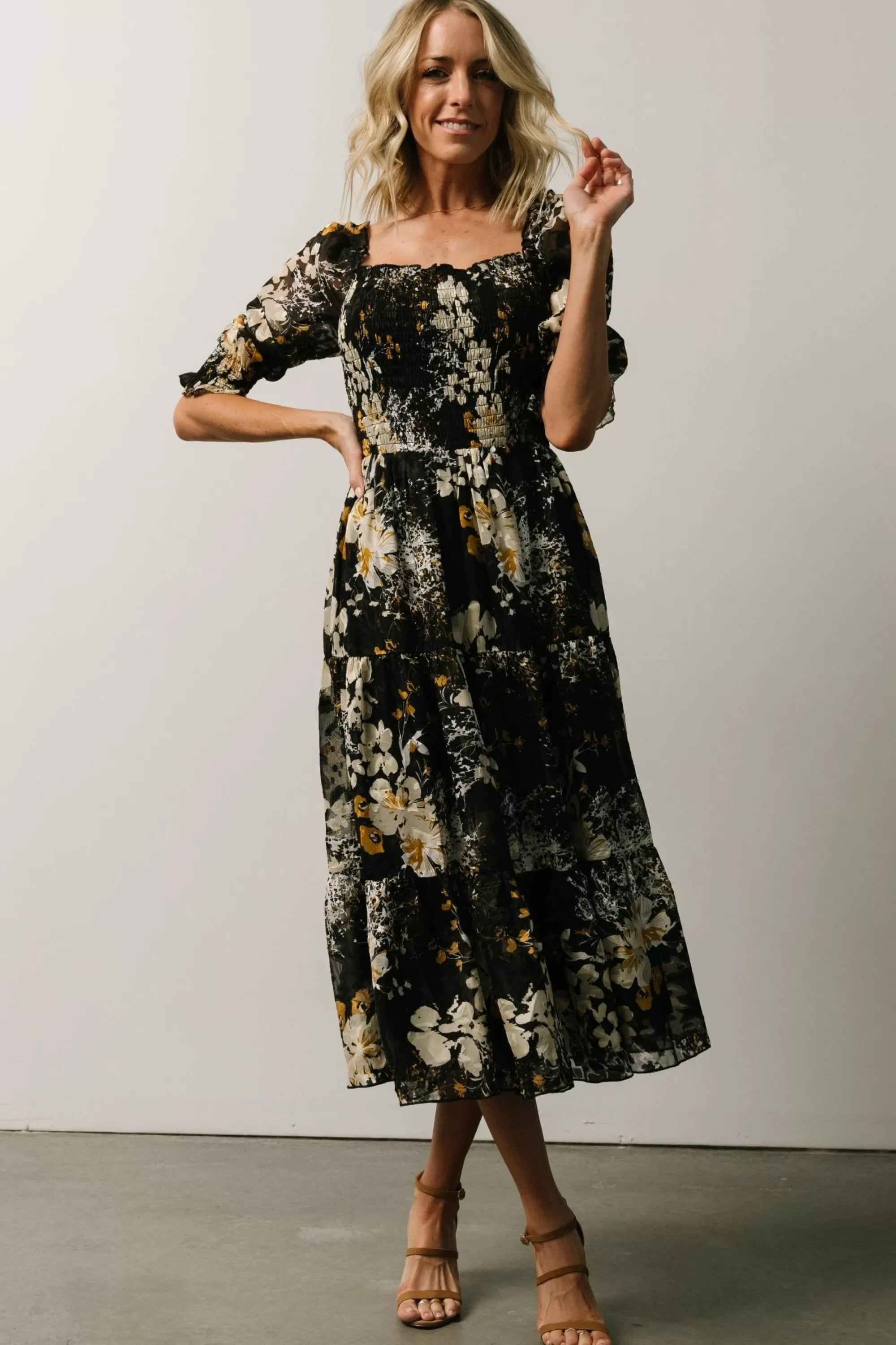 Baltic Born midi dresses | WEDDING SUITE | Fabian Jacquard Midi Dress | Black Floral