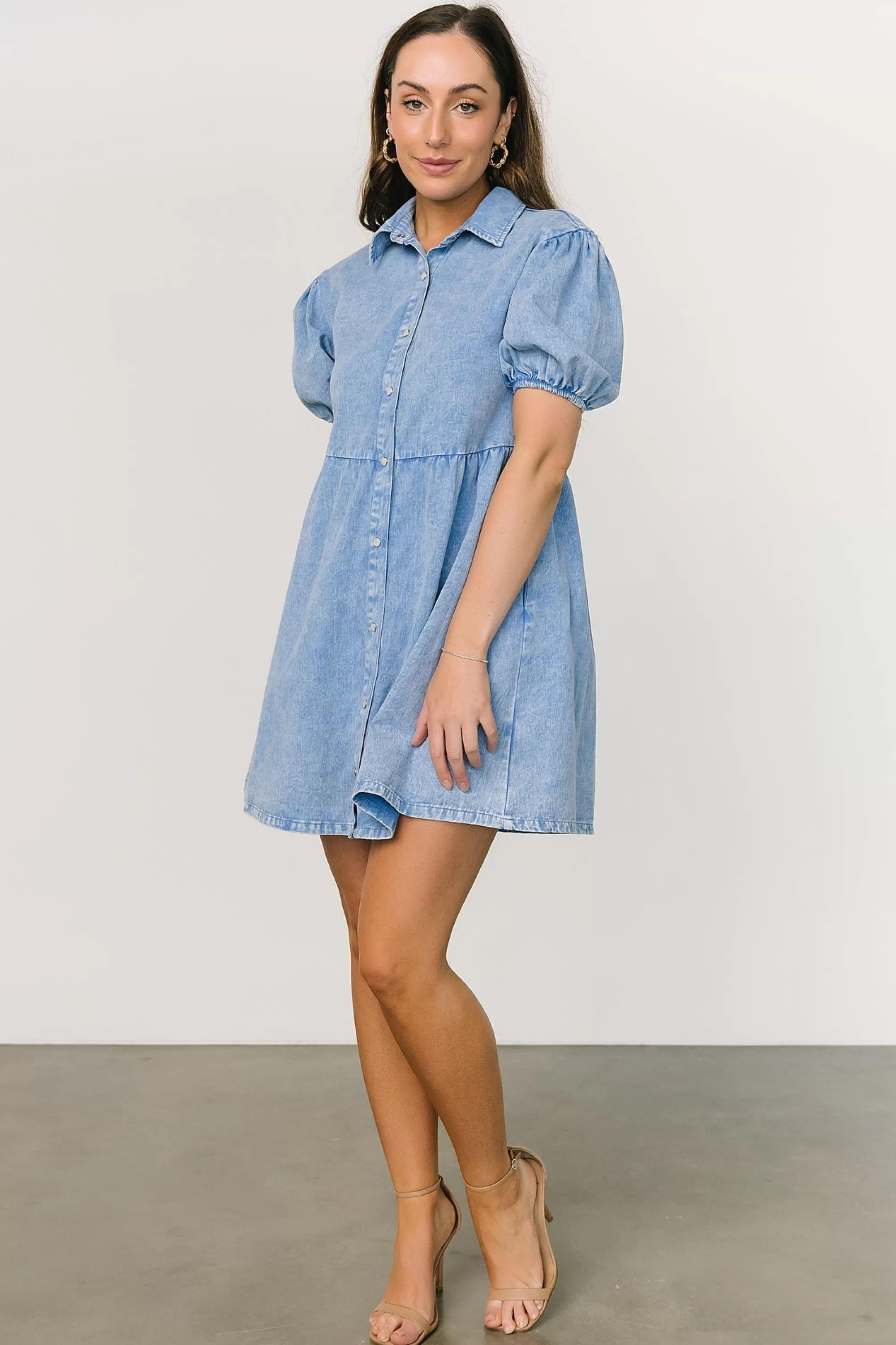 Baltic Born short dresses | EXTENDED SIZING | Fontana Puff Sleeve Short Dress | Denim Blue