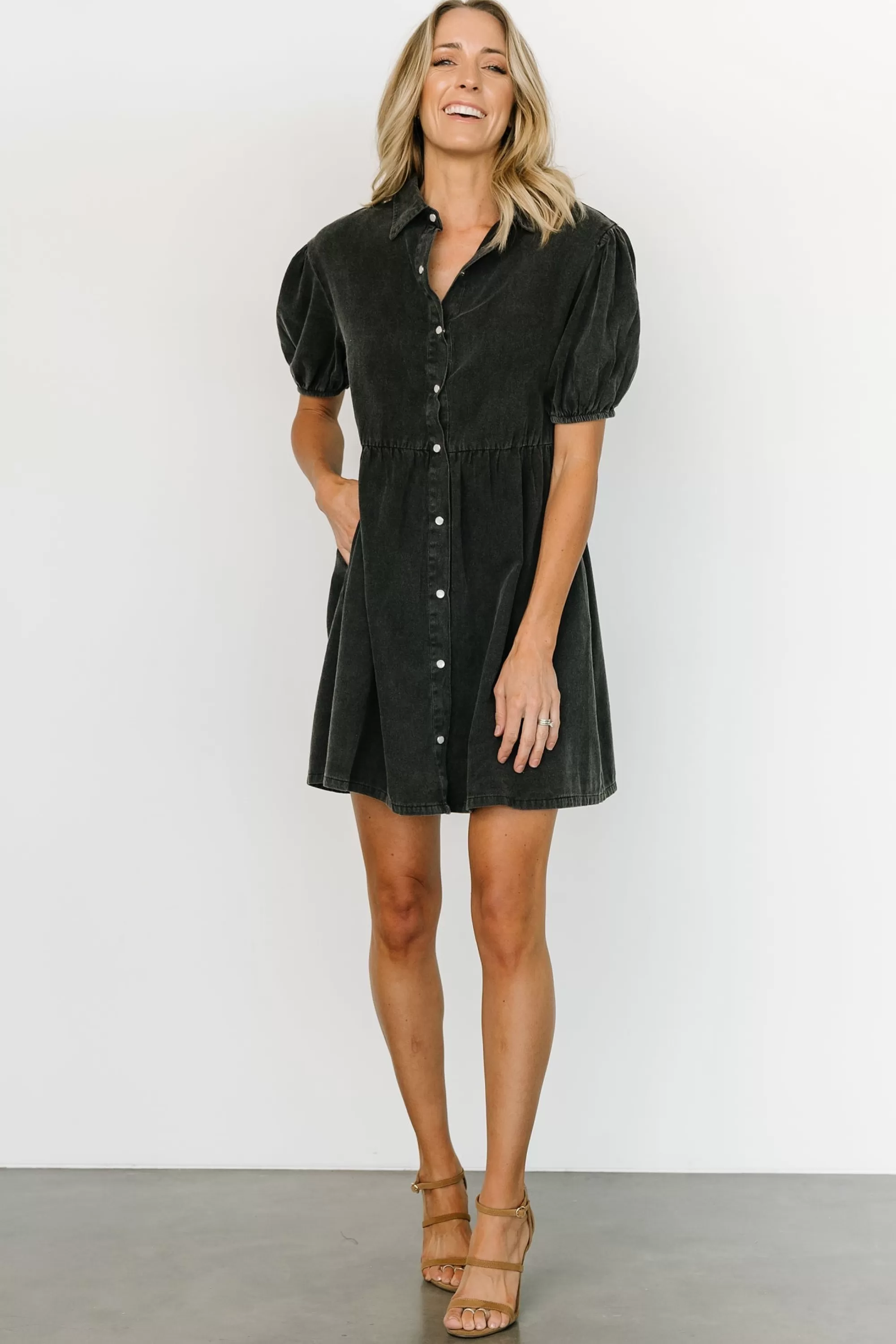 Baltic Born short dresses | EXTENDED SIZING | Fontana Puff Sleeve Short Dress | Washed Black